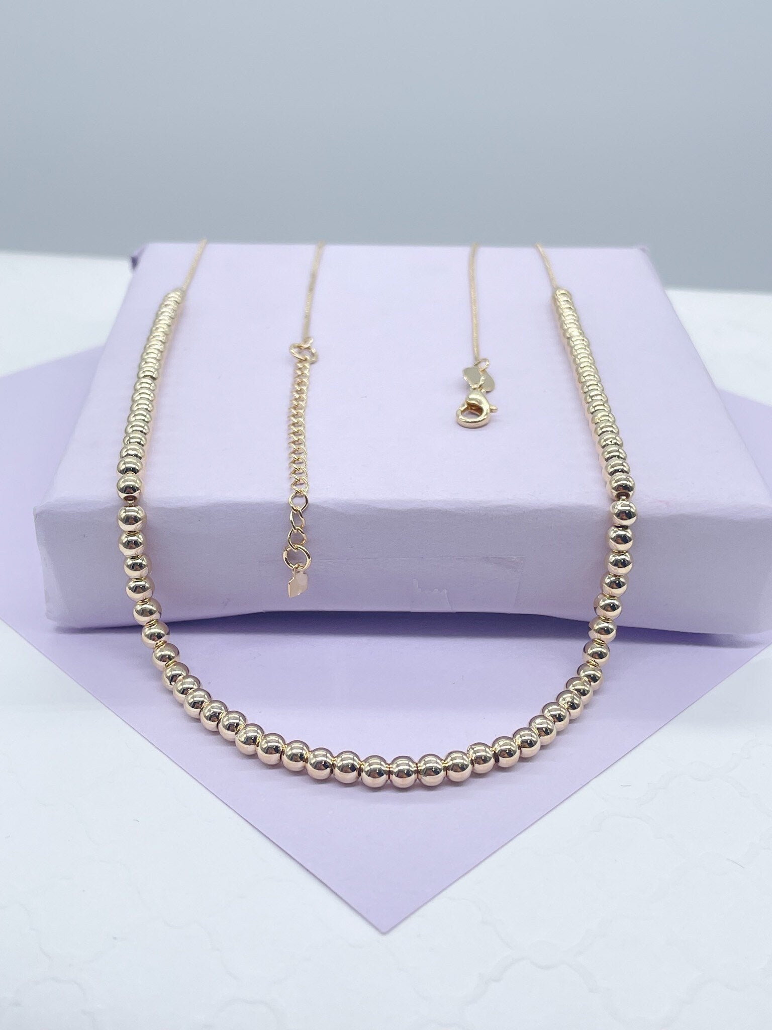 18k Gold Filled 4mm Beaded Necklace, Gold Ball Bead Chain Necklace,