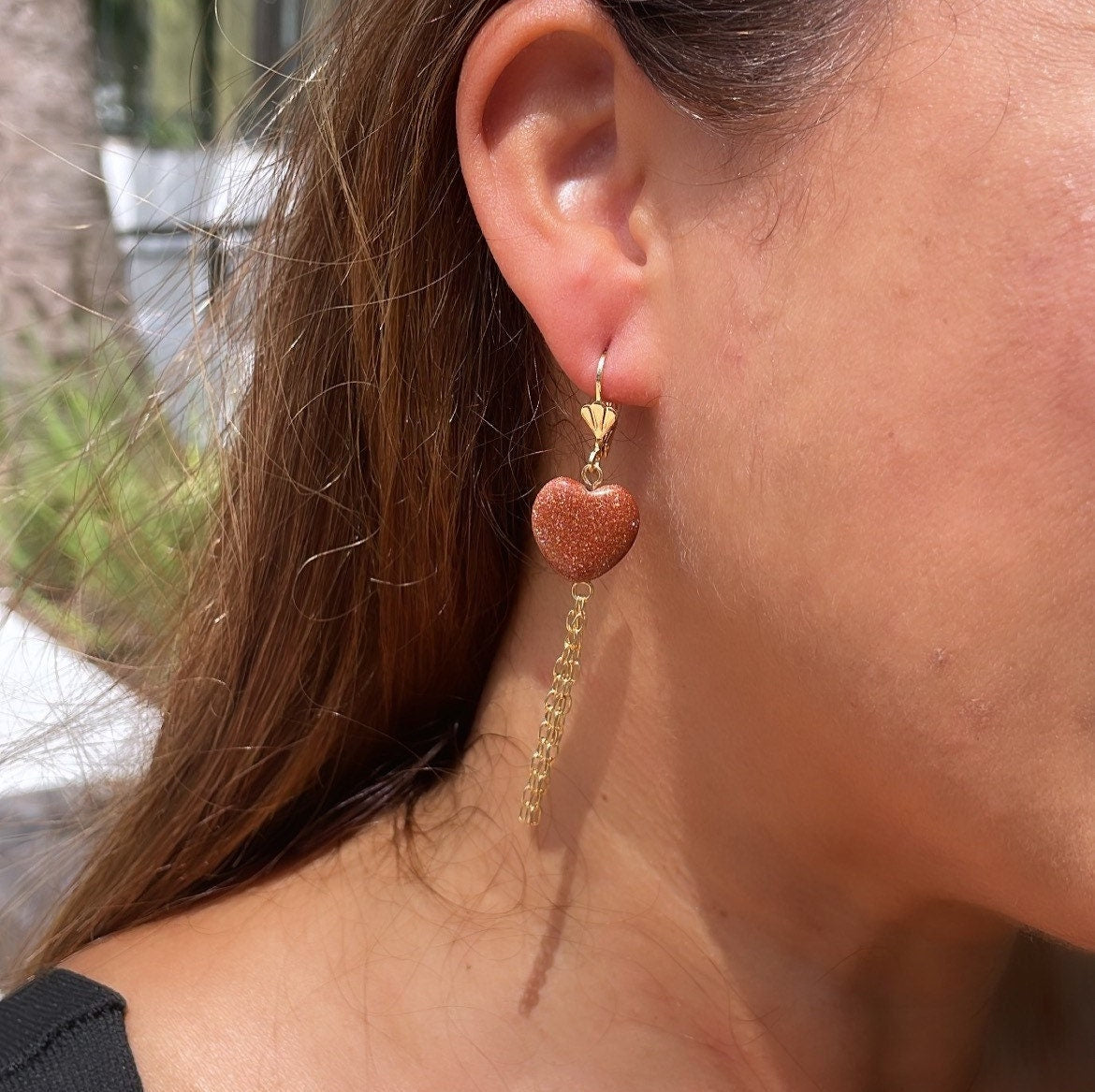 18k Gold Filled Heart Shaped Venturina Drop Earrings, Goldstone Earrings, Brown Stone Earrings