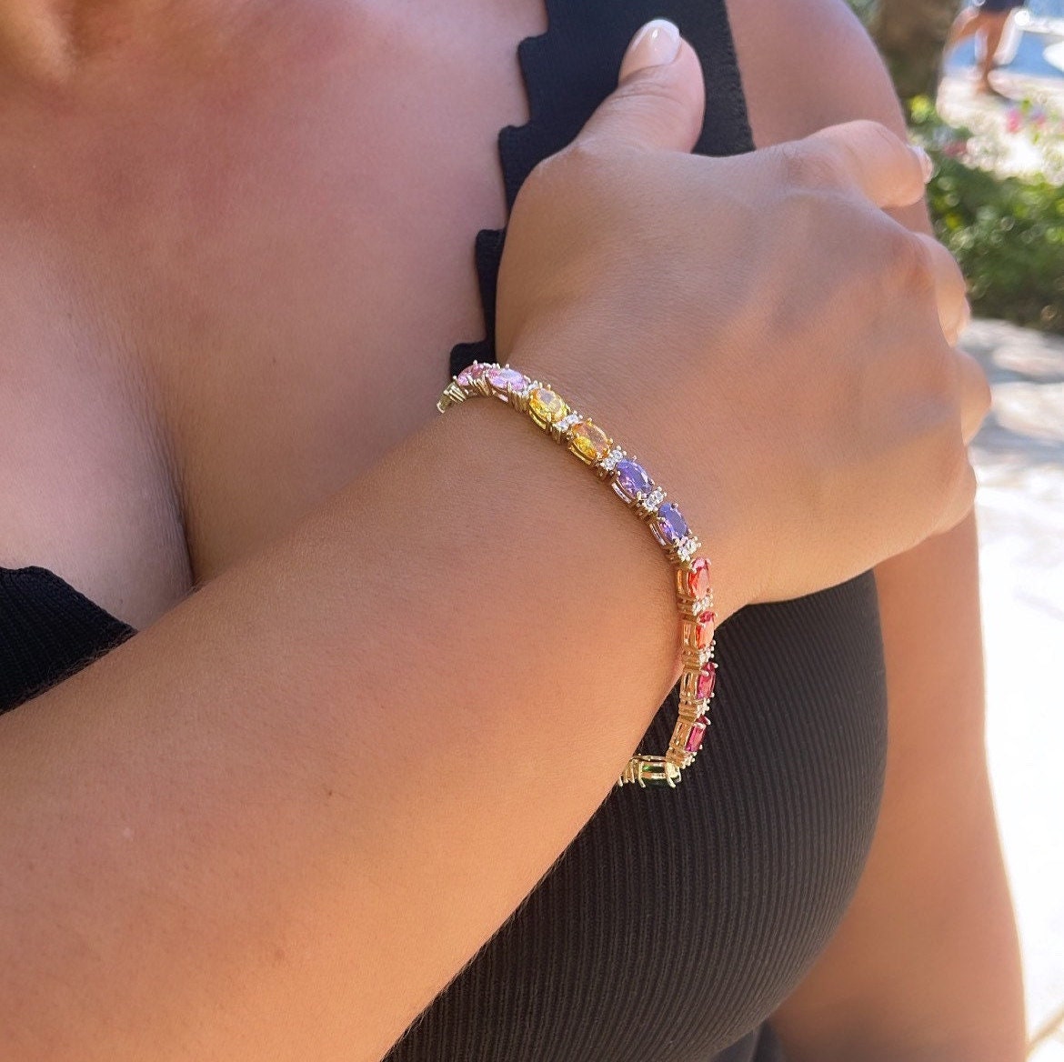 18k Gold Filled Sophisticated Multi-Stone Zirconia Rainbow Bracelet