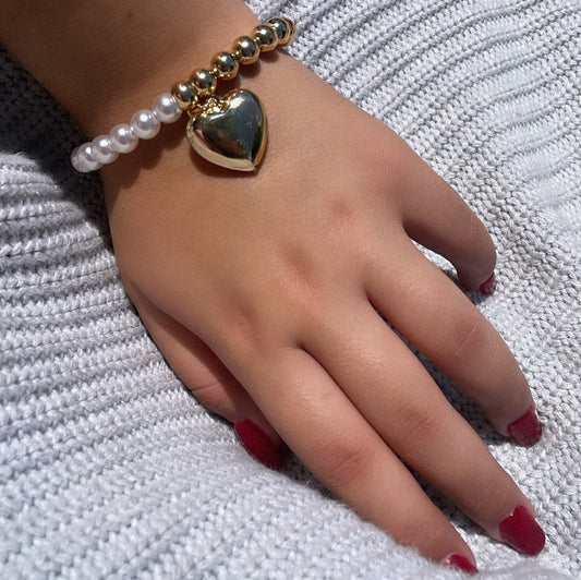 18k Gold Filled Half Gold & Pearl Bracelet with Large Puffy Heart