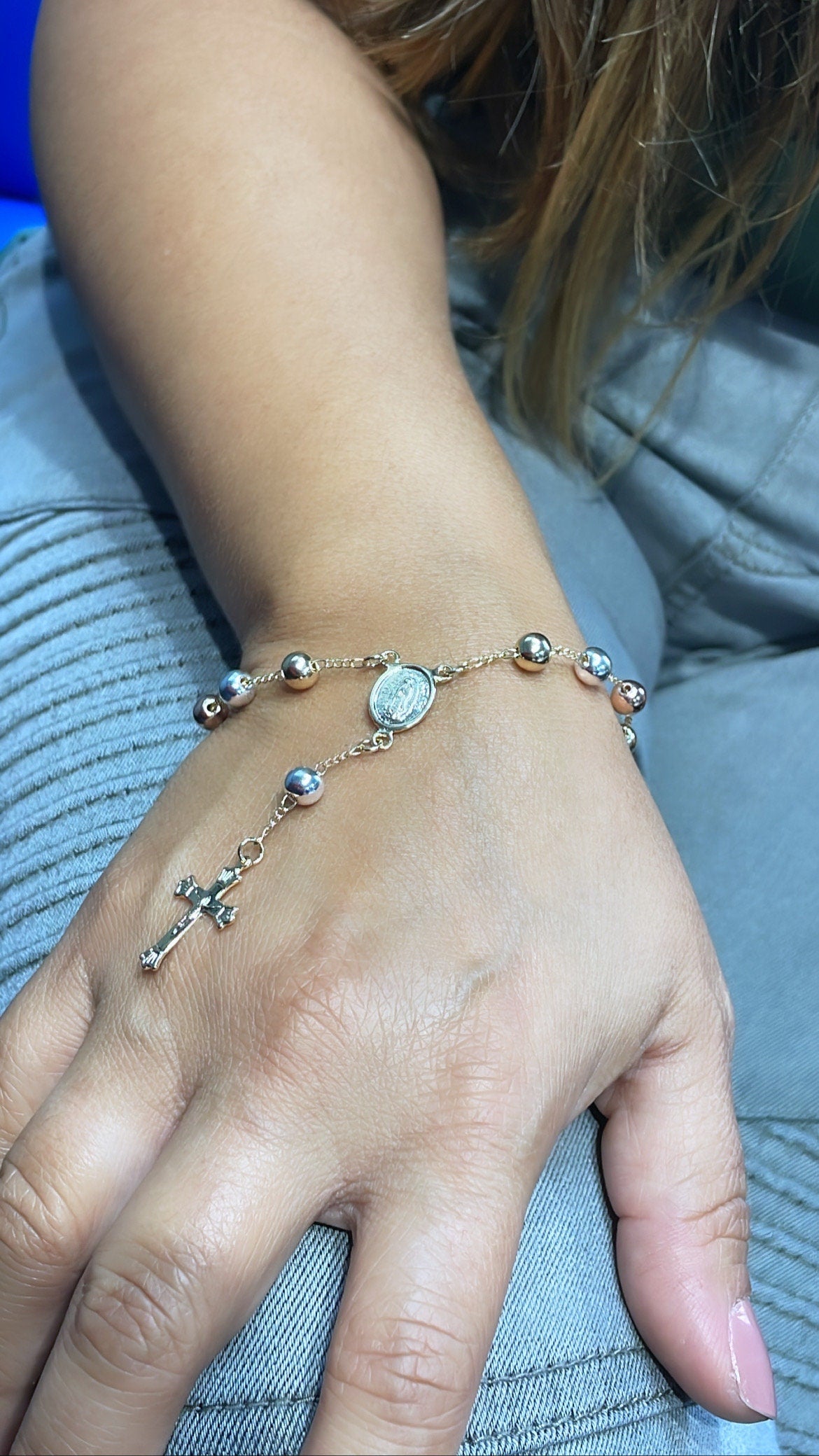 18k GoldFilled Tri-Colored Rosary Bracelet With Virgin Mary Charm