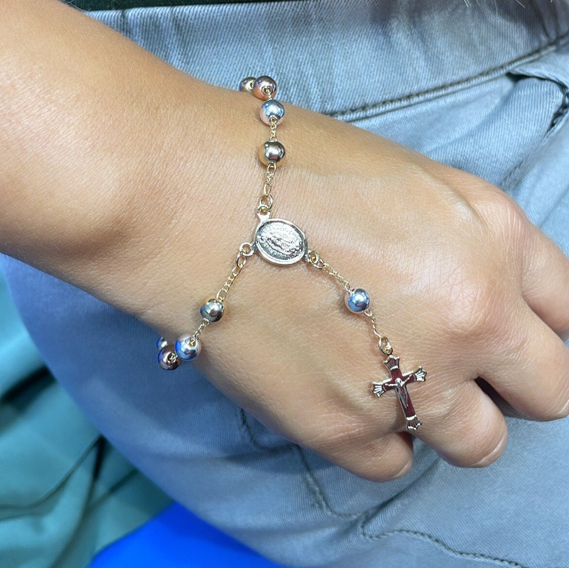 18k GoldFilled Tri-Colored Rosary Bracelet With Virgin Mary Charm