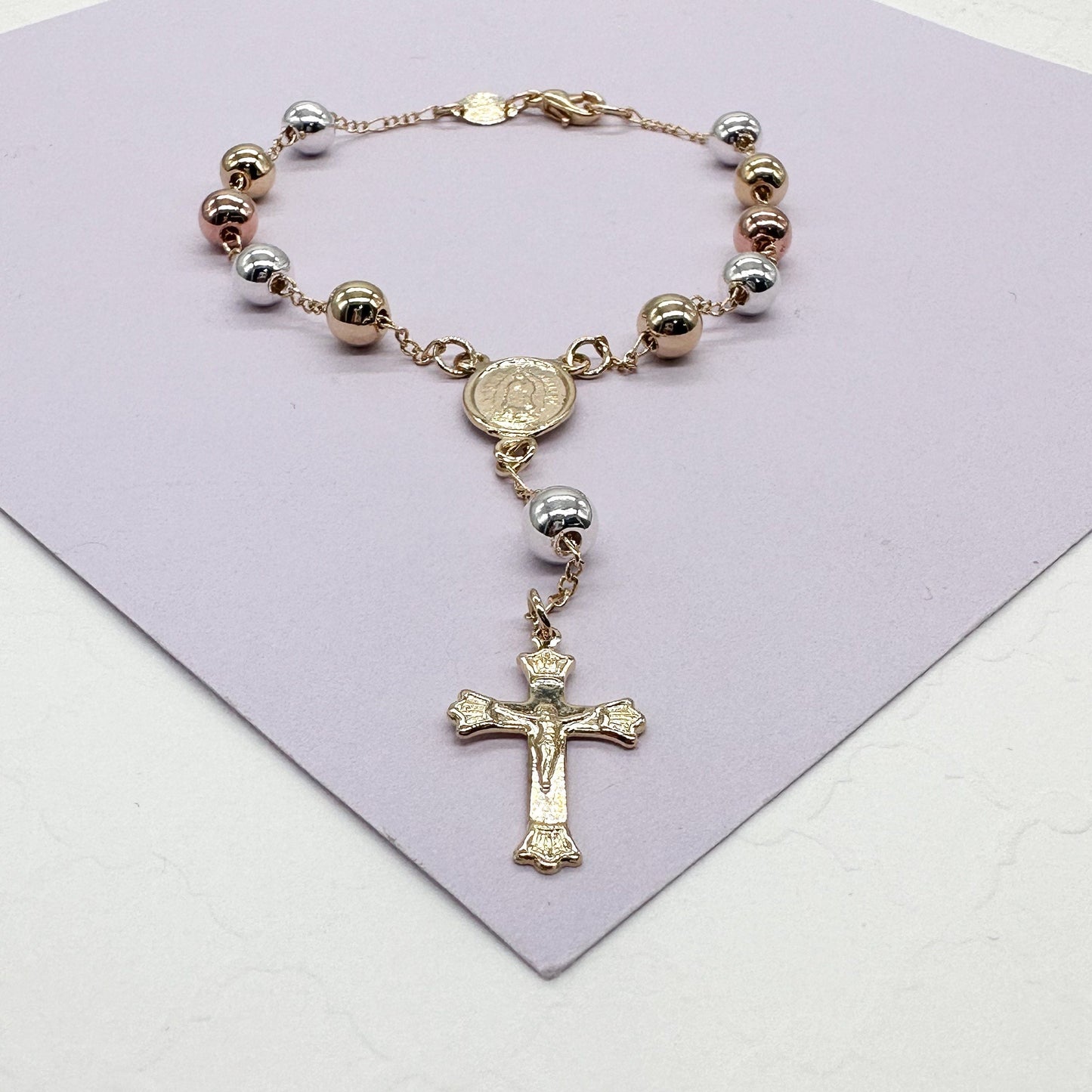 18k GoldFilled Tri-Colored Rosary Bracelet With Virgin Mary Charm