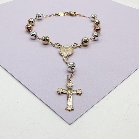18k GoldFilled Tri-Colored Rosary Bracelet With Virgin Mary Charm
