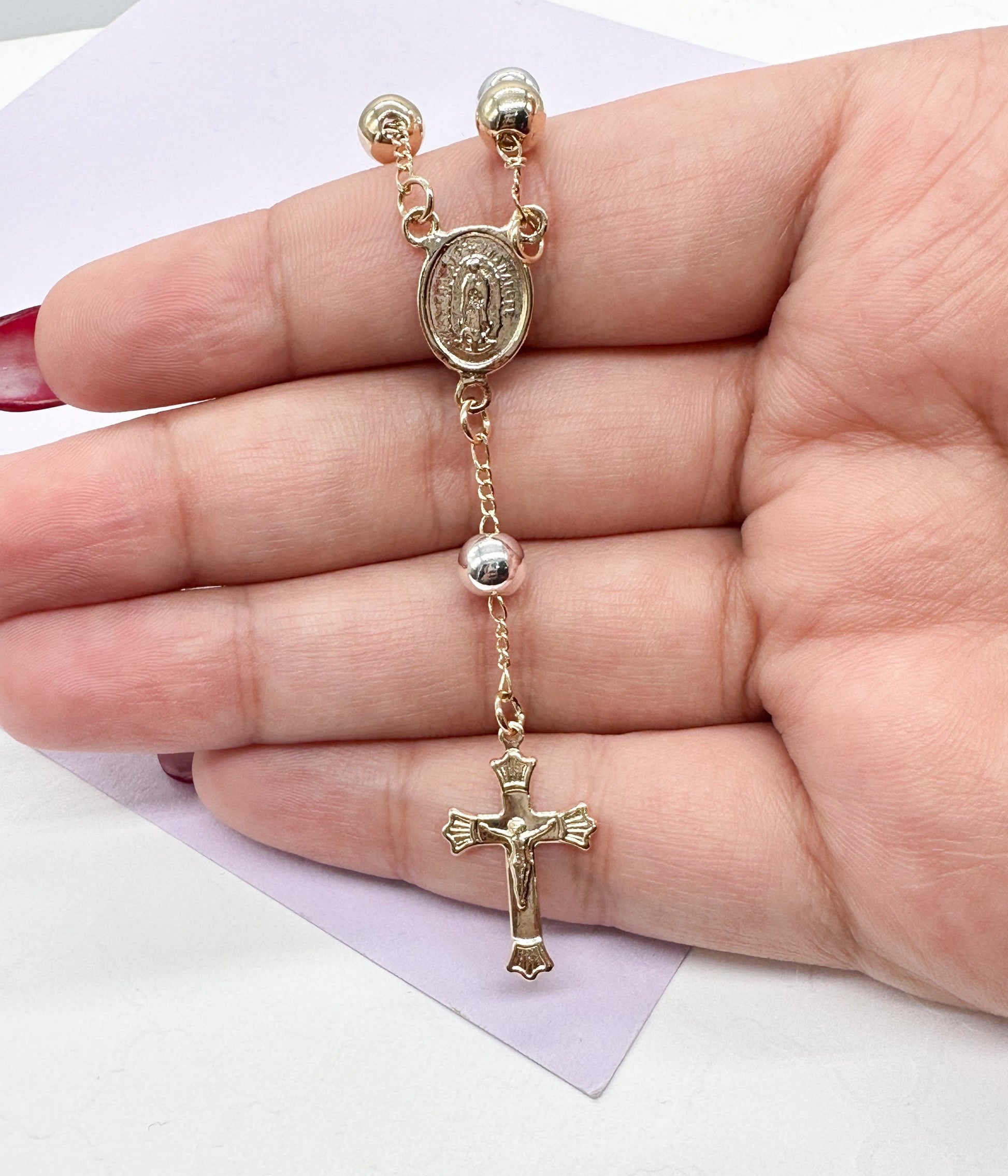 18k GoldFilled Tri-Colored Rosary Bracelet With Virgin Mary Charm