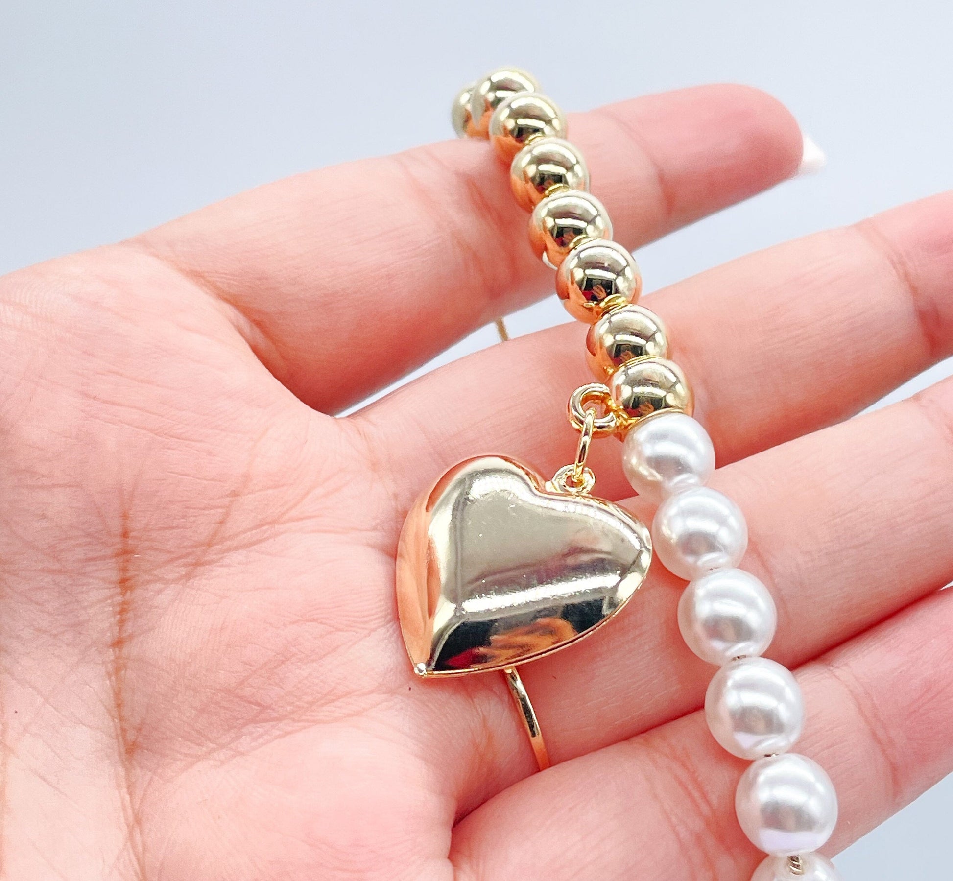 18k Gold Filled Half Gold & Pearl Bracelet with Large Puffy Heart