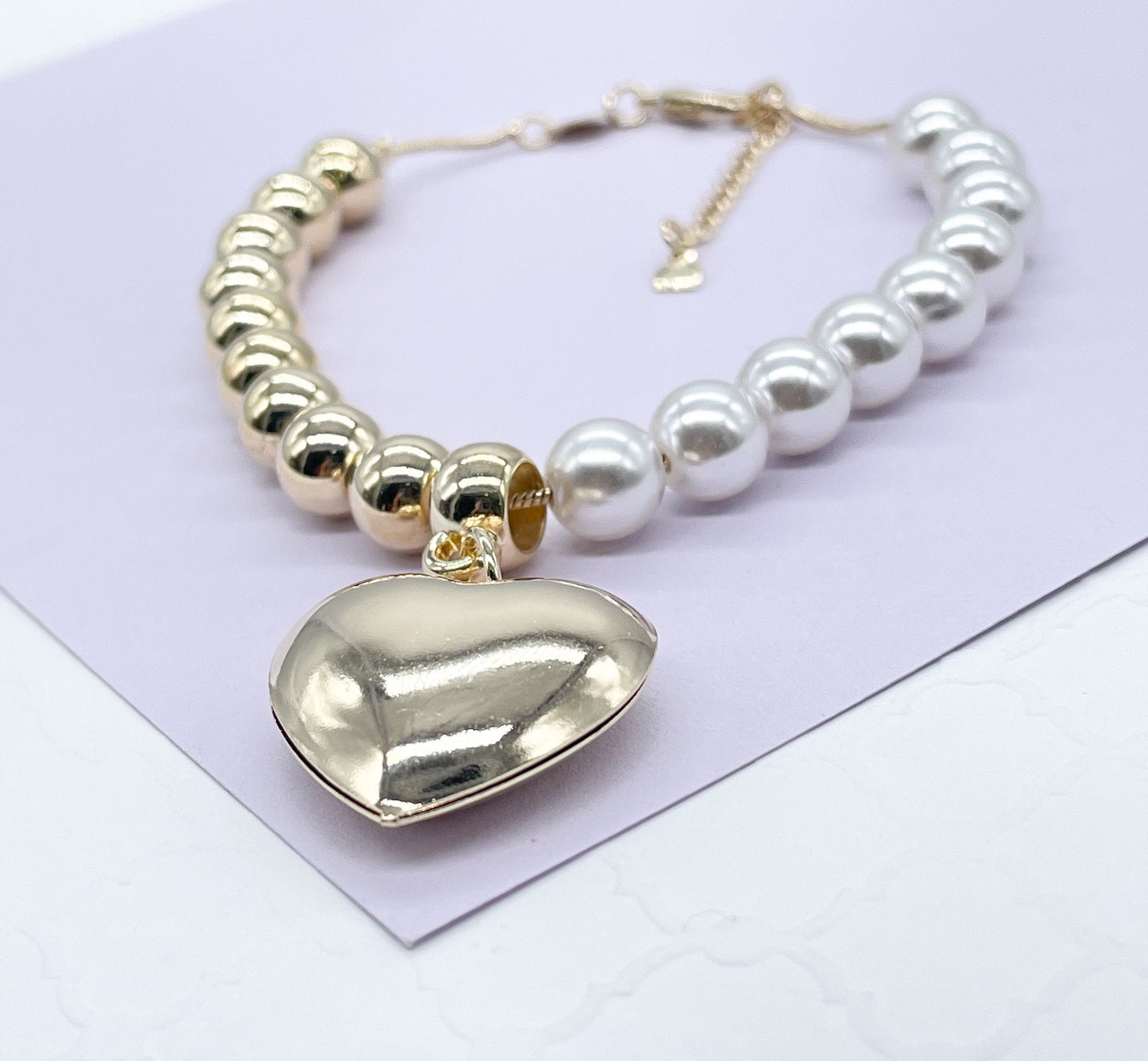 18k Gold Filled Half Gold & Pearl Bracelet with Large Puffy Heart