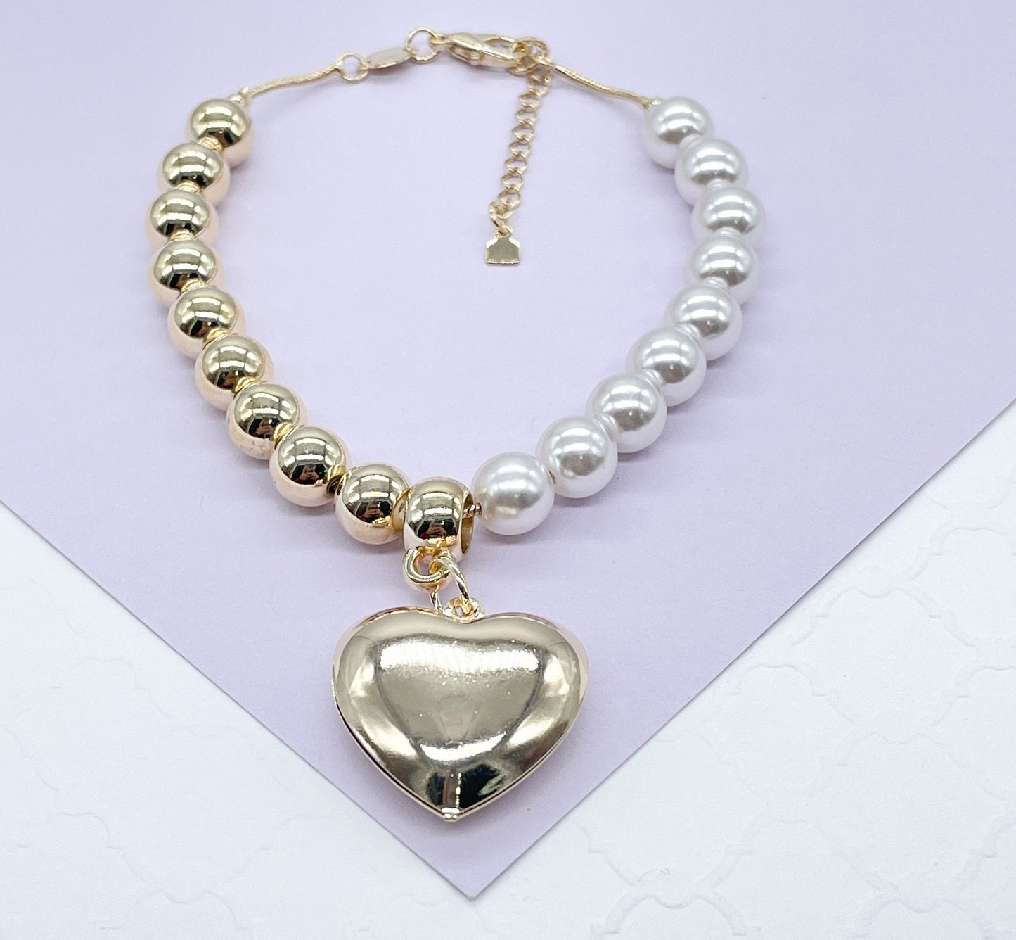 18k Gold Filled Half Gold & Pearl Bracelet with Large Puffy Heart