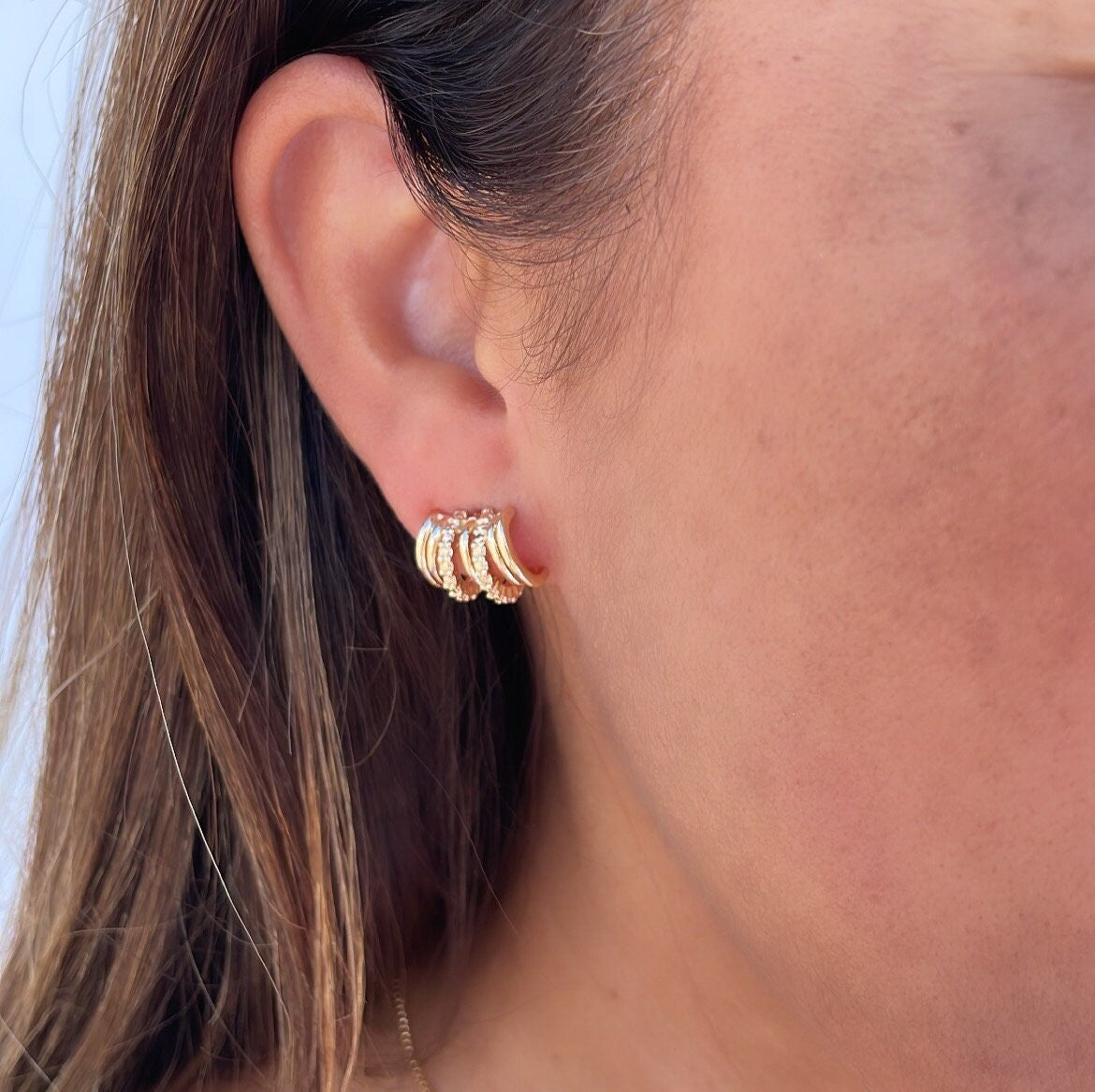 18k Gold Filled Gold Row Earrings With Patterned Lines