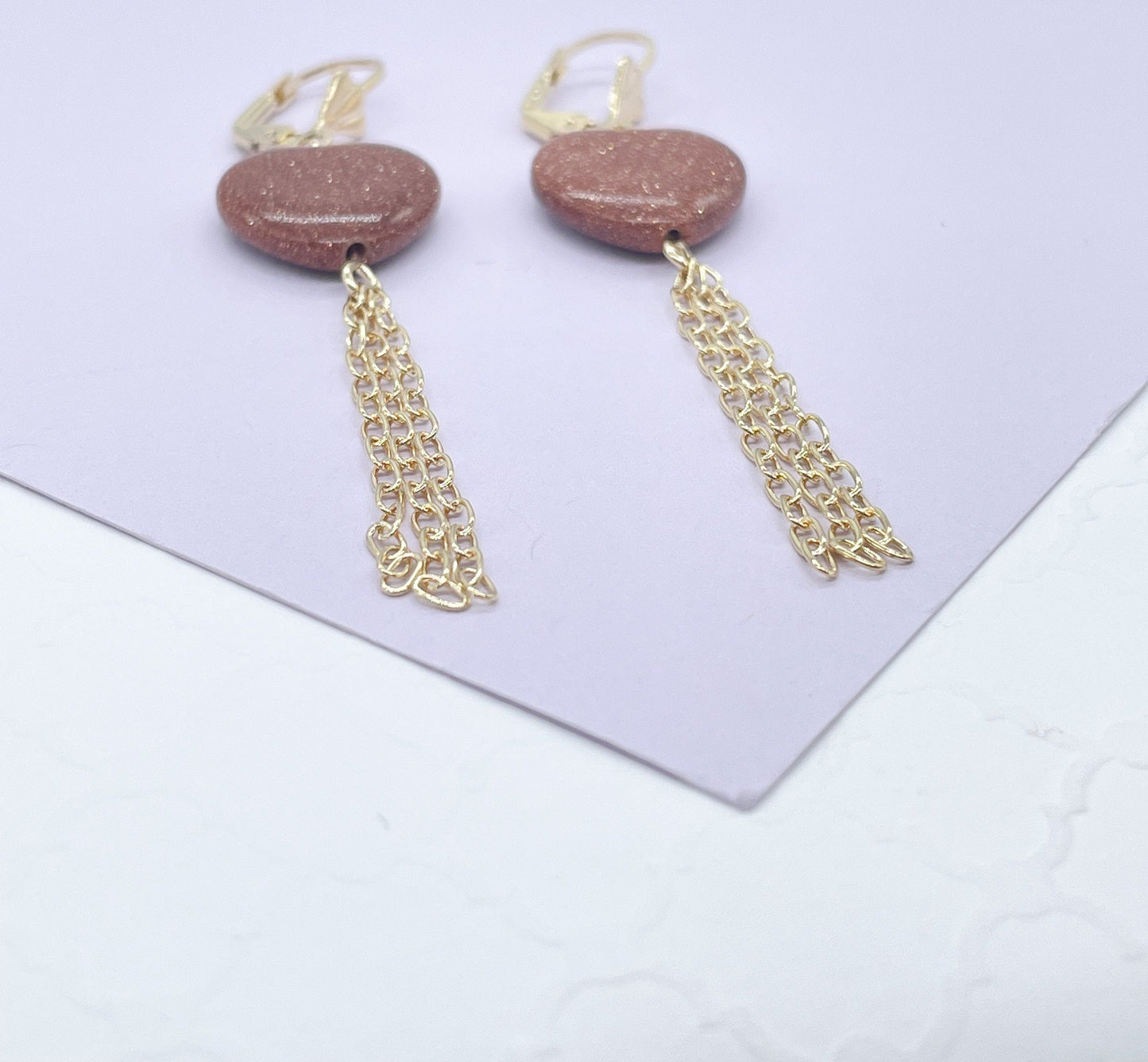18k Gold Filled Heart Shaped Venturina Drop Earrings, Goldstone Earrings, Brown Stone Earrings