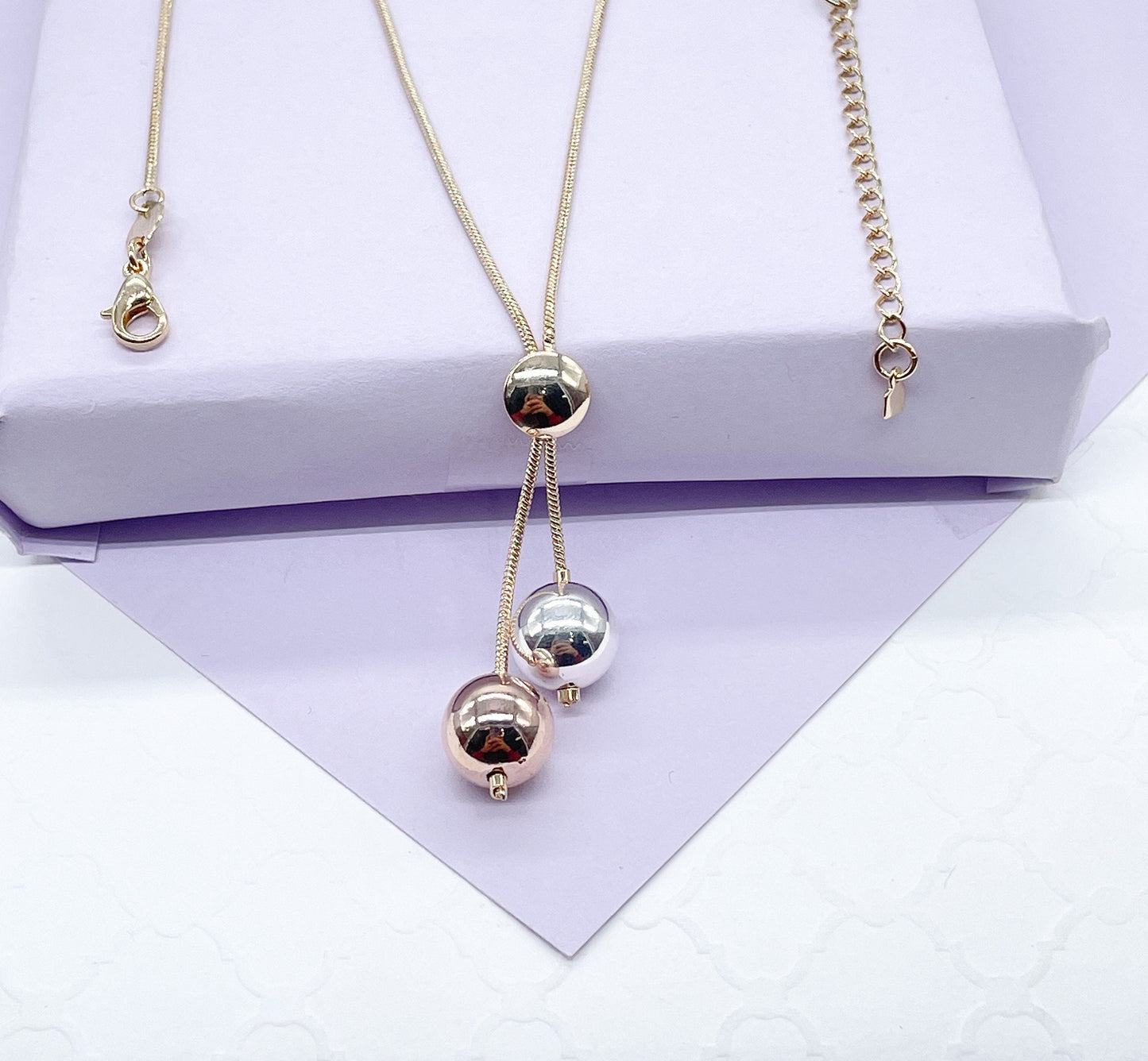 18k Gold Filled Tri-Color and Plain Gold Dangle Beaded Necklace