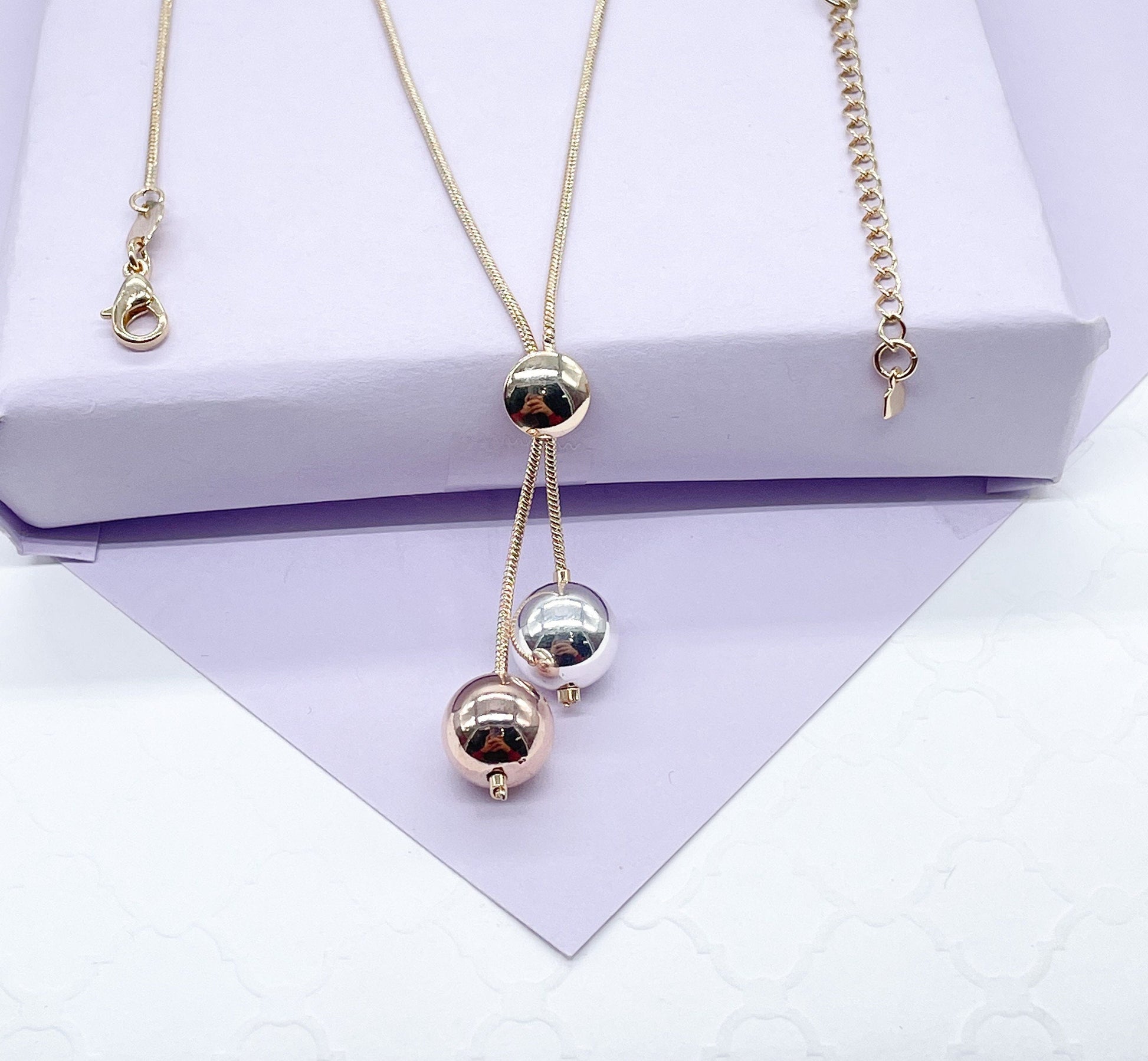 18k Gold Filled Tri-Color and Plain Gold Dangle Beaded Necklace