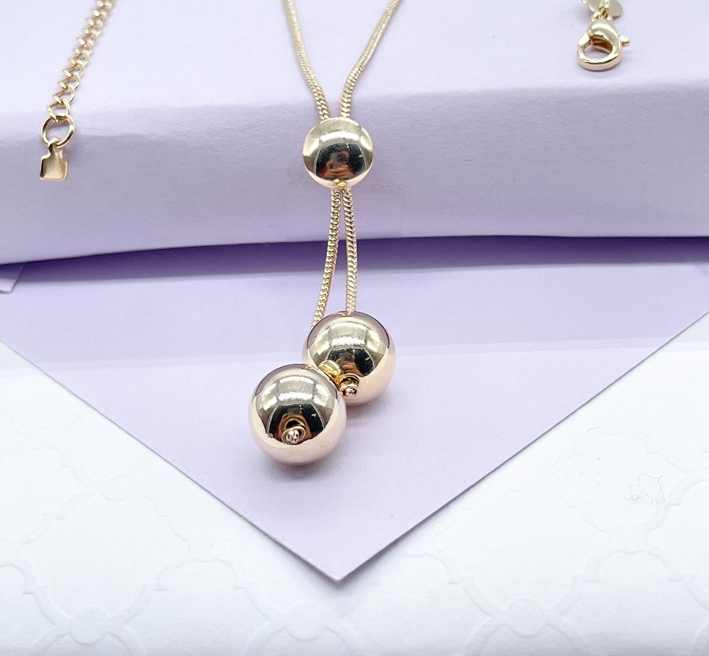 18k Gold Filled Tri-Color and Plain Gold Dangle Beaded Necklace