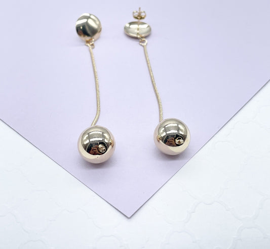 18k Gold Filled Plain Gold Dangle Beaded Earrings with Push Back Lock