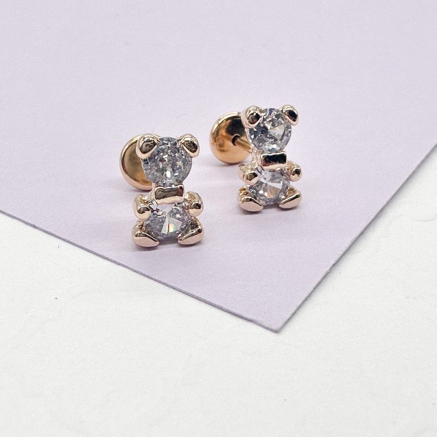 18k Gold Filled Zirconia Teddy Bear Earrings