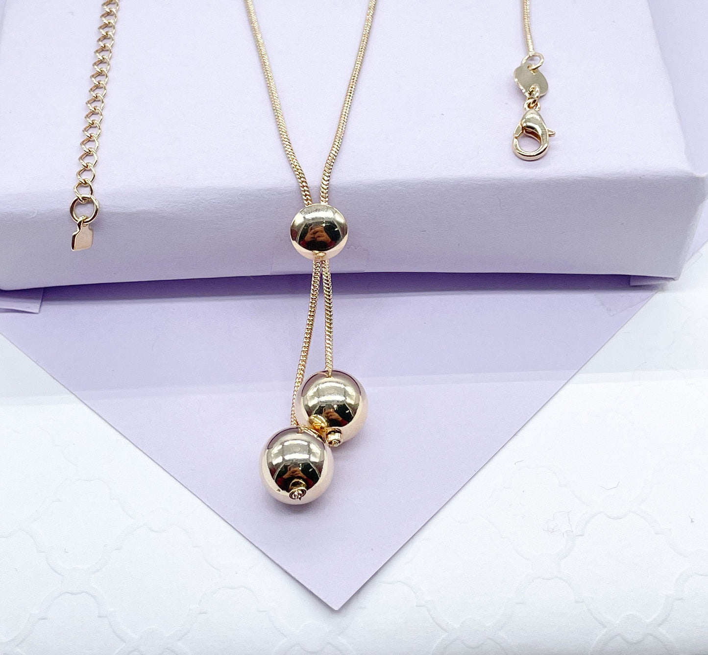 18k Gold Filled Tri-Color and Plain Gold Dangle Beaded Necklace