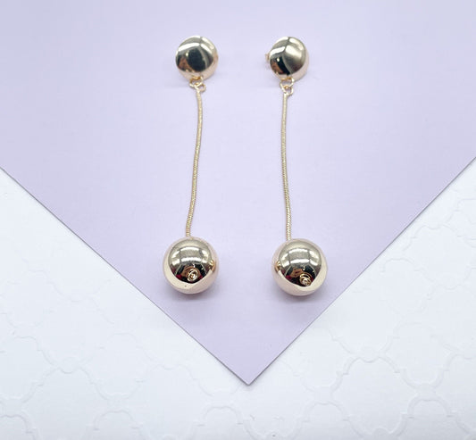 18k Gold Filled Plain Gold Dangle Beaded Earrings with Push Back Lock