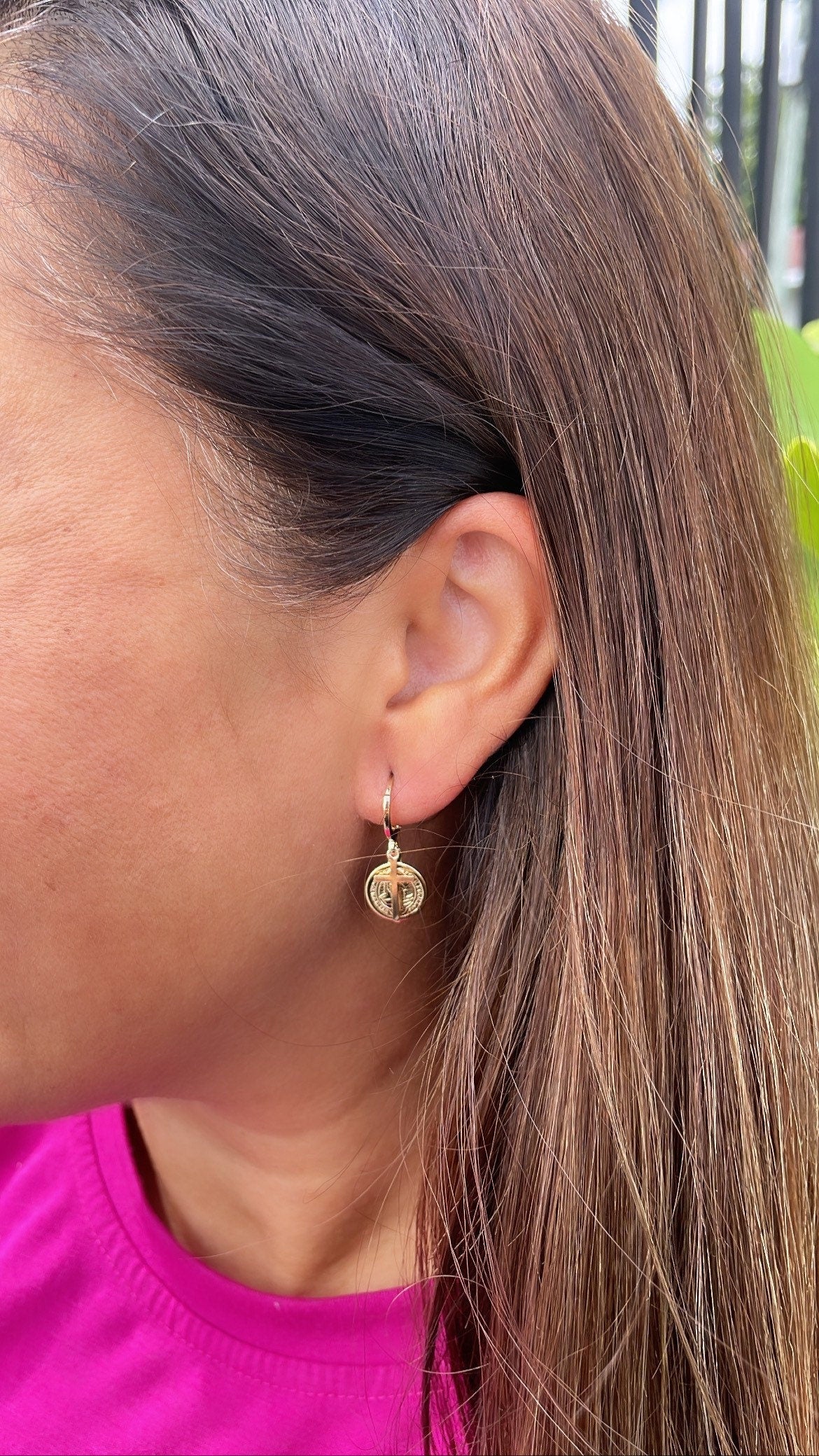 18k Gold Filled Mini San Benedict and Small Cross Dangling Earrings