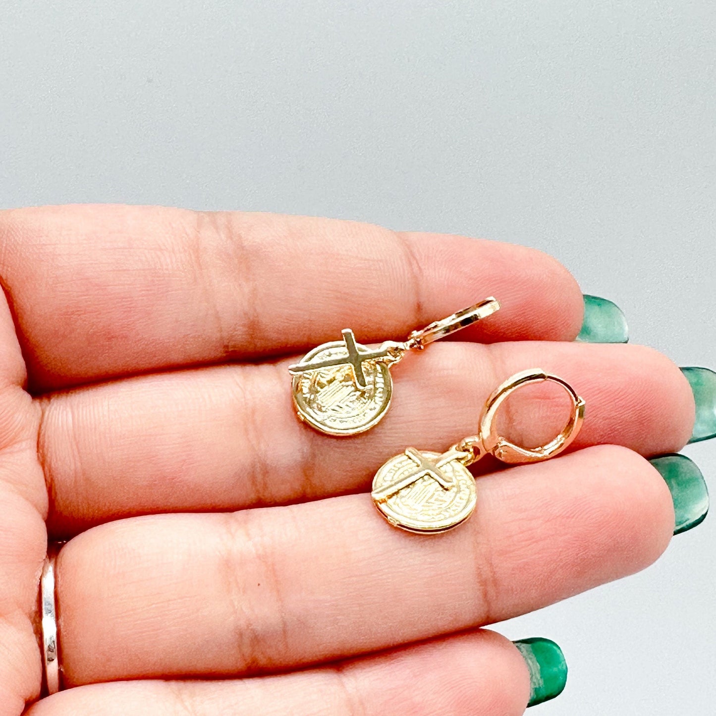 18k Gold Filled Mini San Benedict and Small Cross Dangling Earrings