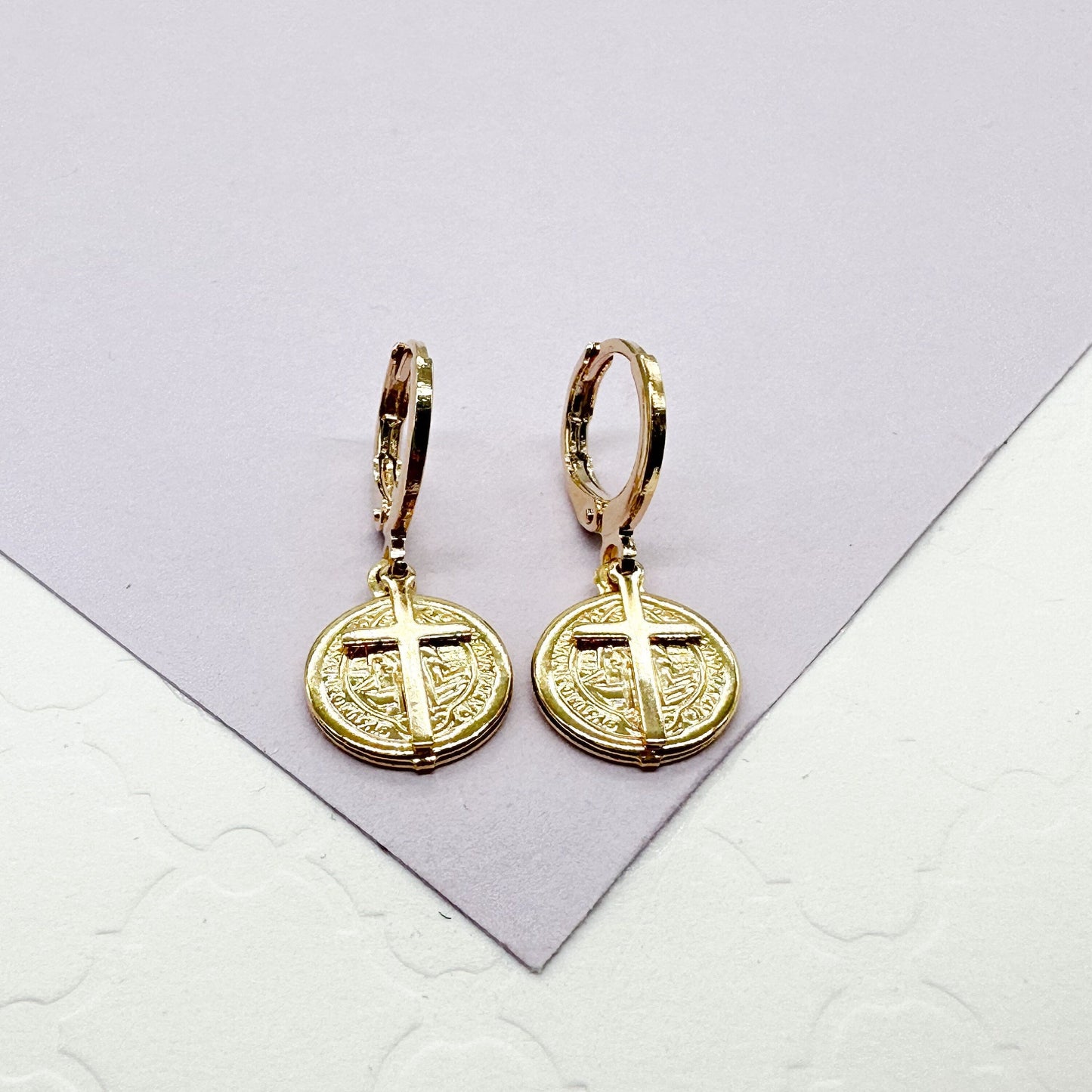 18k Gold Filled Mini San Benedict and Small Cross Dangling Earrings