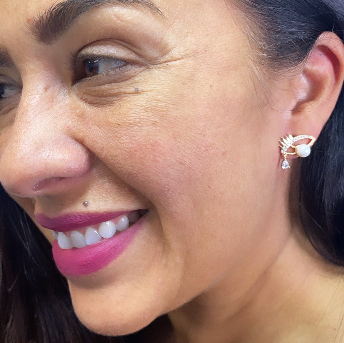 18k Gold Filled Evil Eye Earring With Pearl Ball Eye And Teardrop Cubic Zirconia Stone