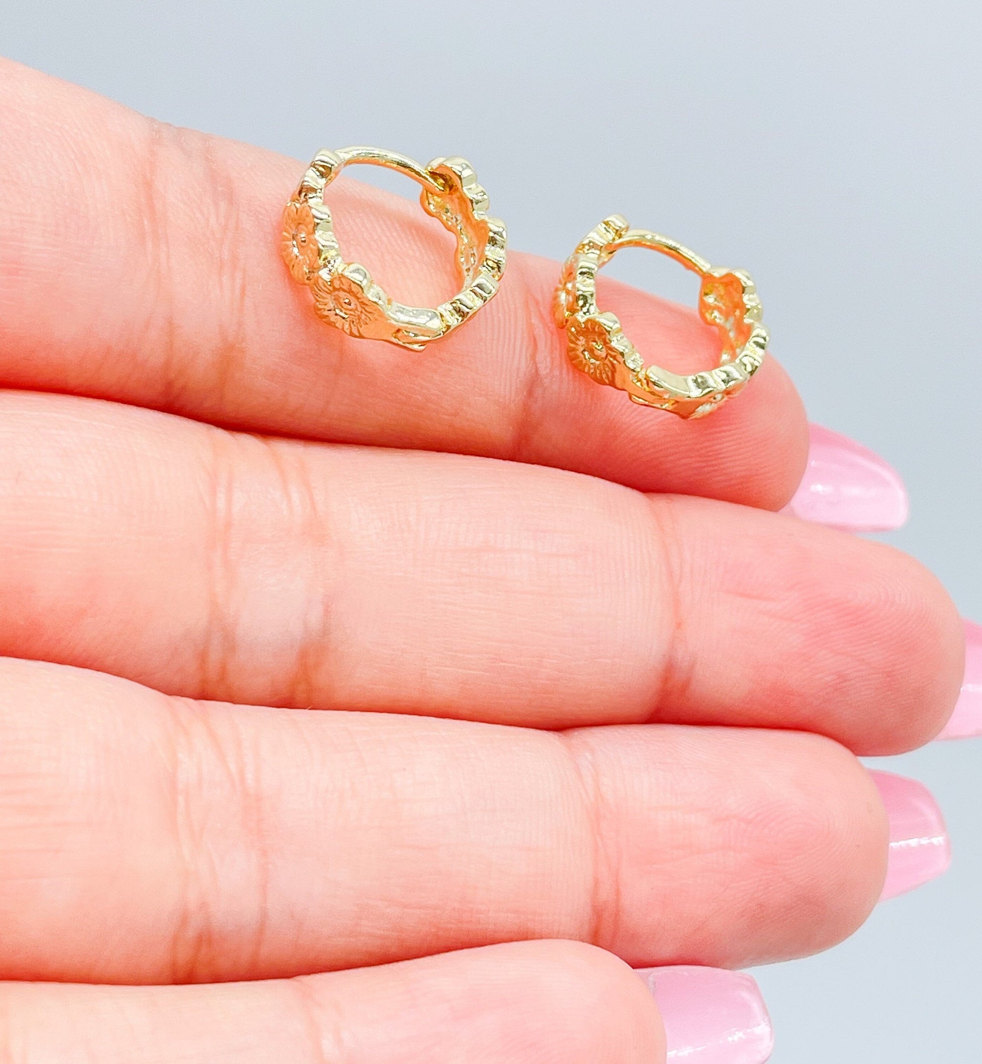18k Gold Filled Flower Engraved Huggie Earrings