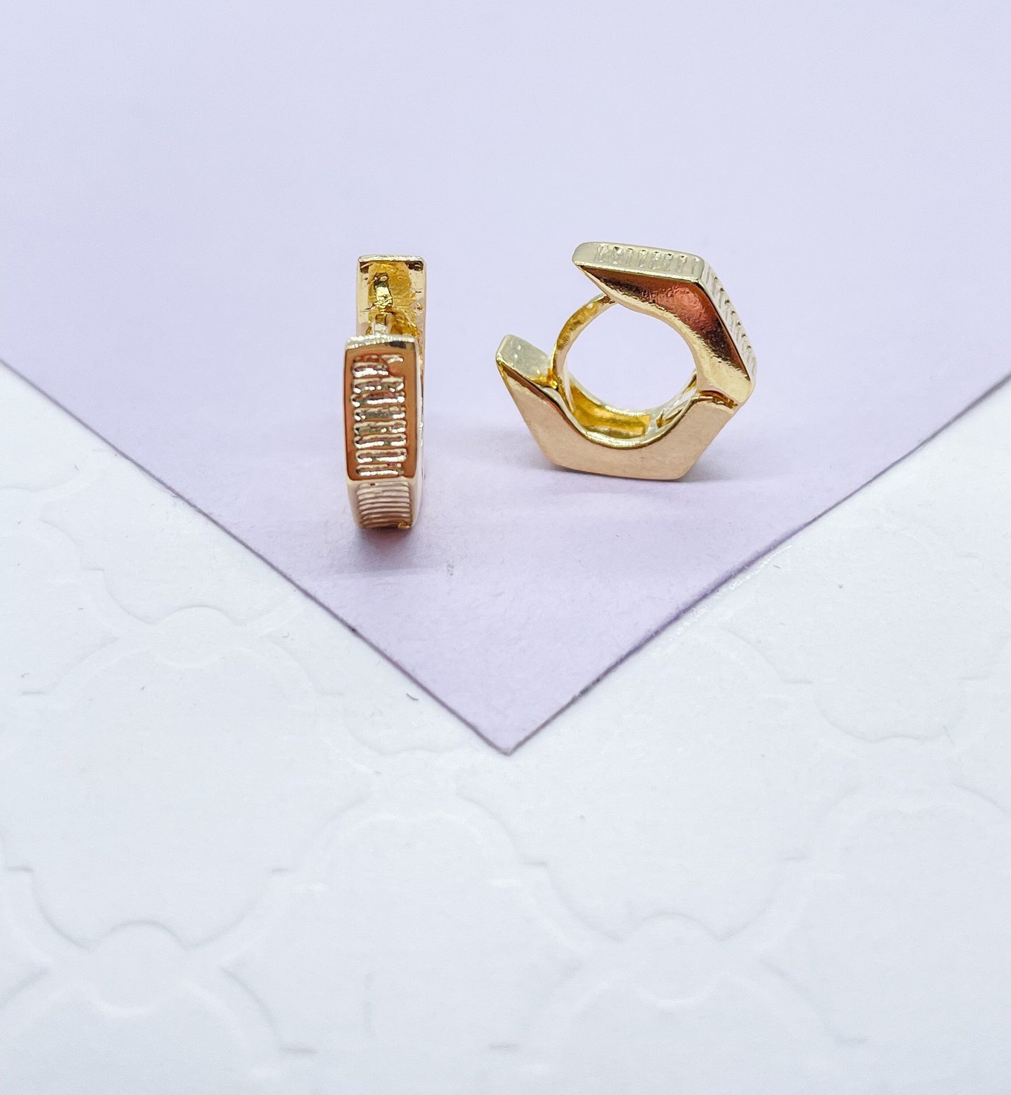18k Gold Filled Smooth Hexagon Huggie Earring With Scored Lines