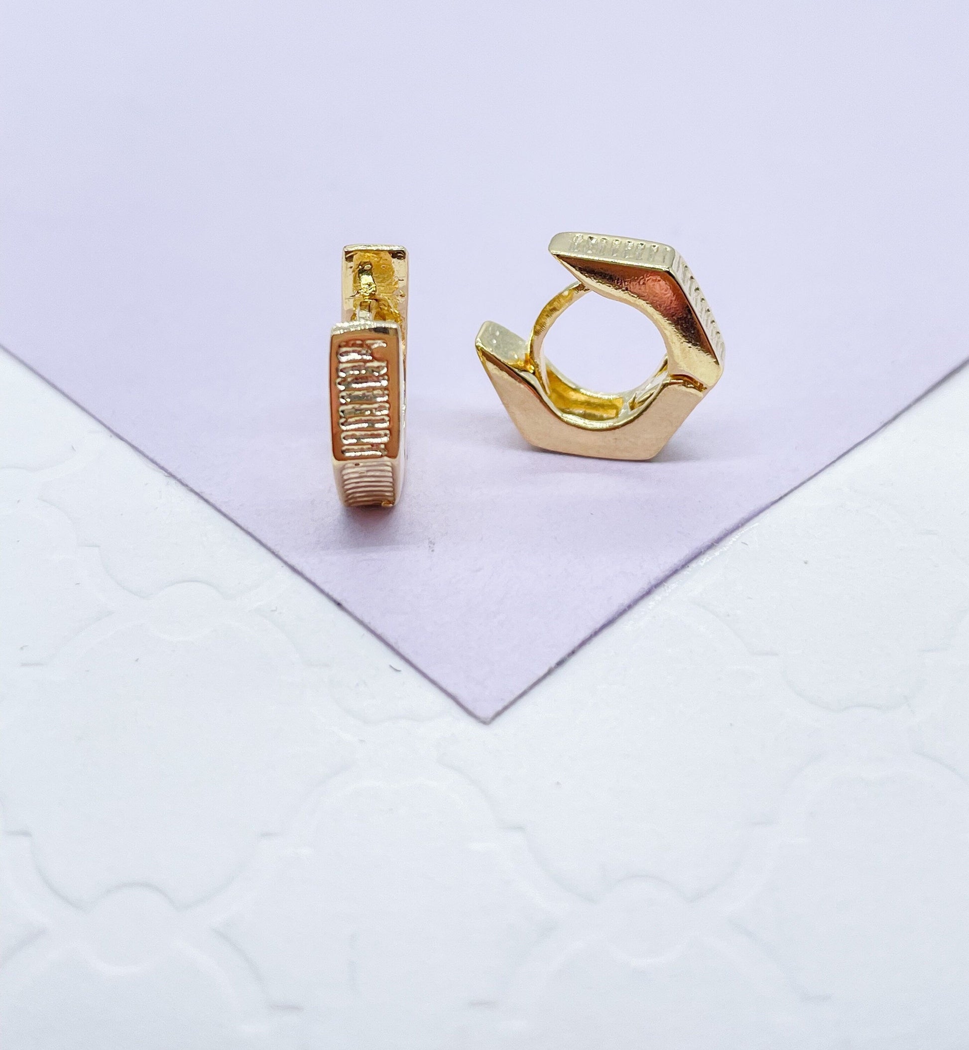 18k Gold Filled Smooth Hexagon Huggie Earring With Scored Lines