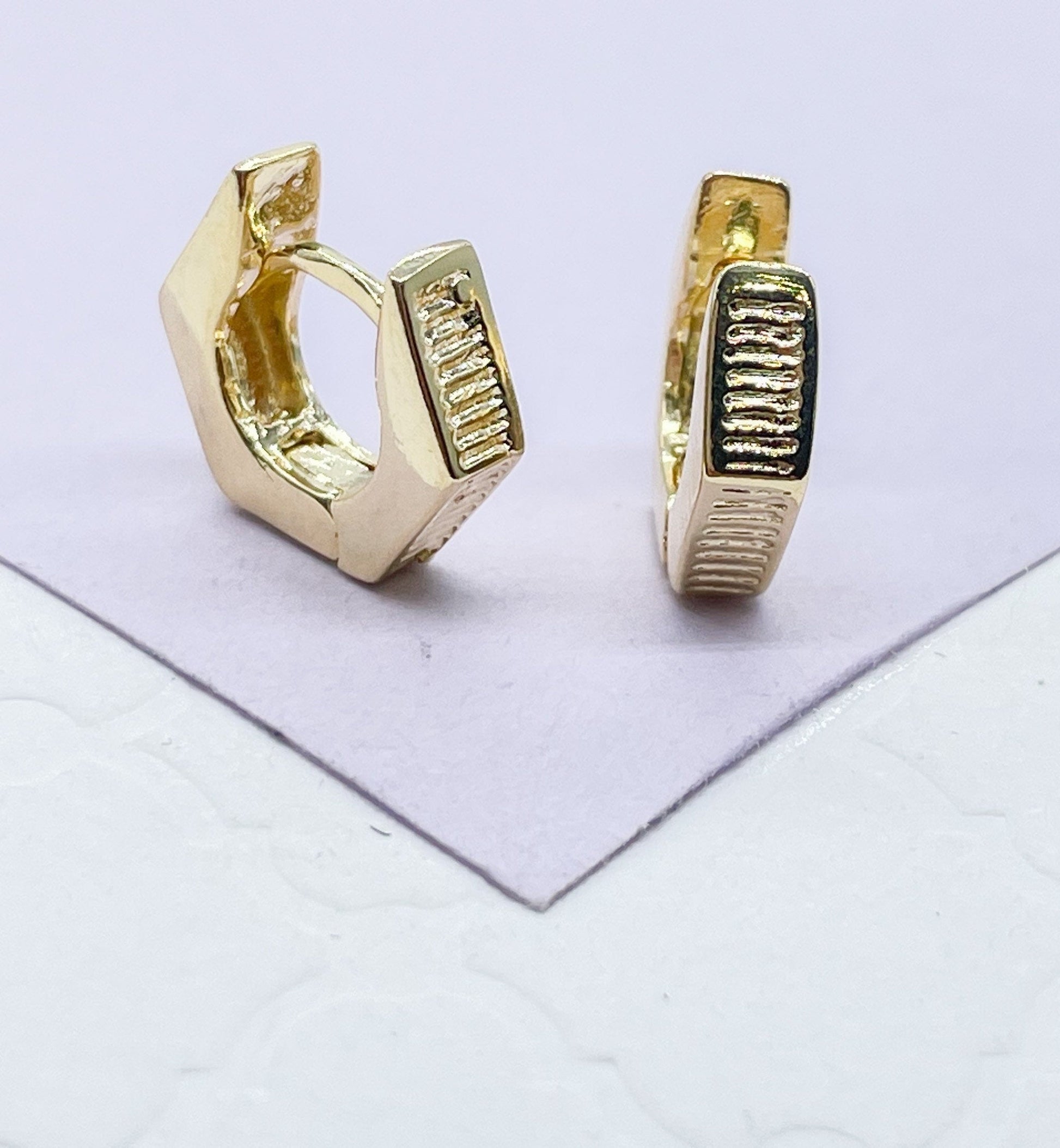18k Gold Filled Smooth Hexagon Huggie Earring With Scored Lines