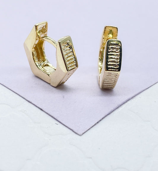 18k Gold Filled Smooth Hexagon Huggie Earring With Scored Lines
