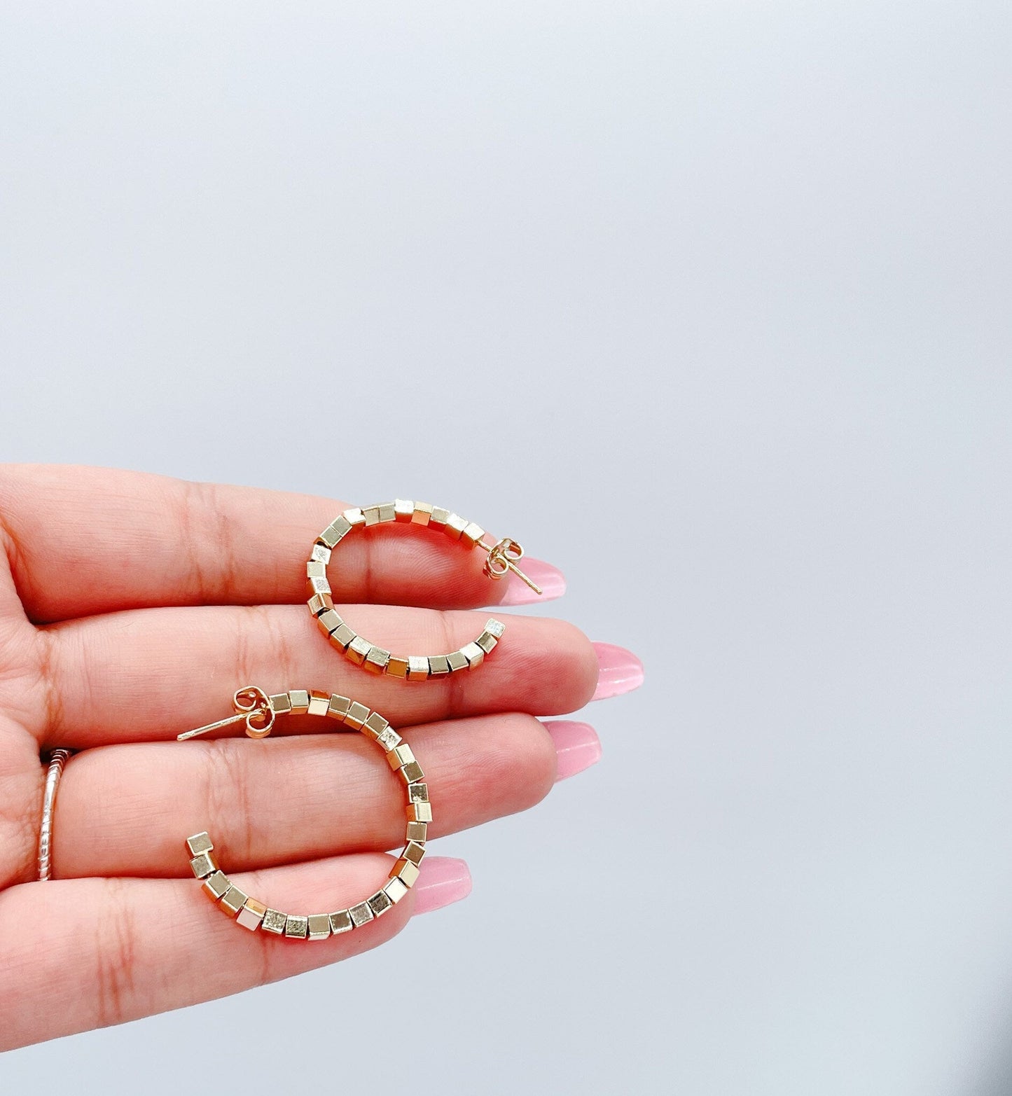 18k Gold Filled Open Hoop C-Shape Earring featuring flexible square cubes