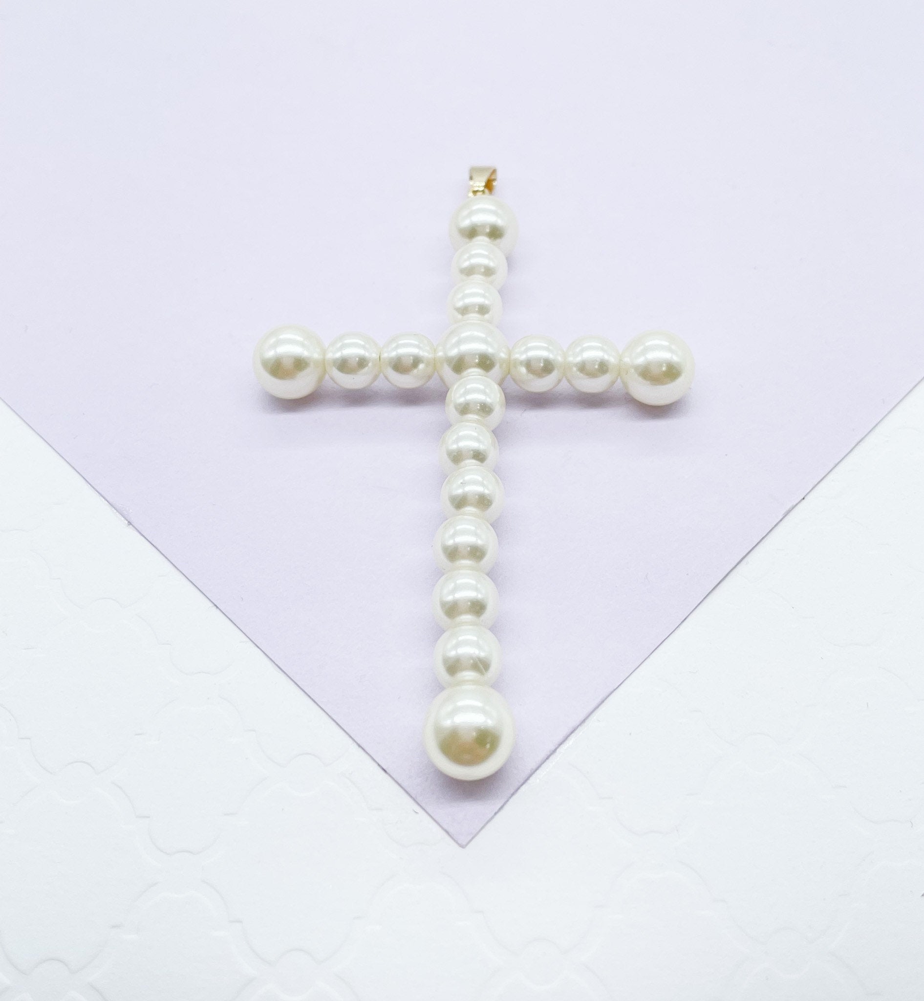 18k Gold Filled Faux all around Pearl Style Cross Pendant in two sizes