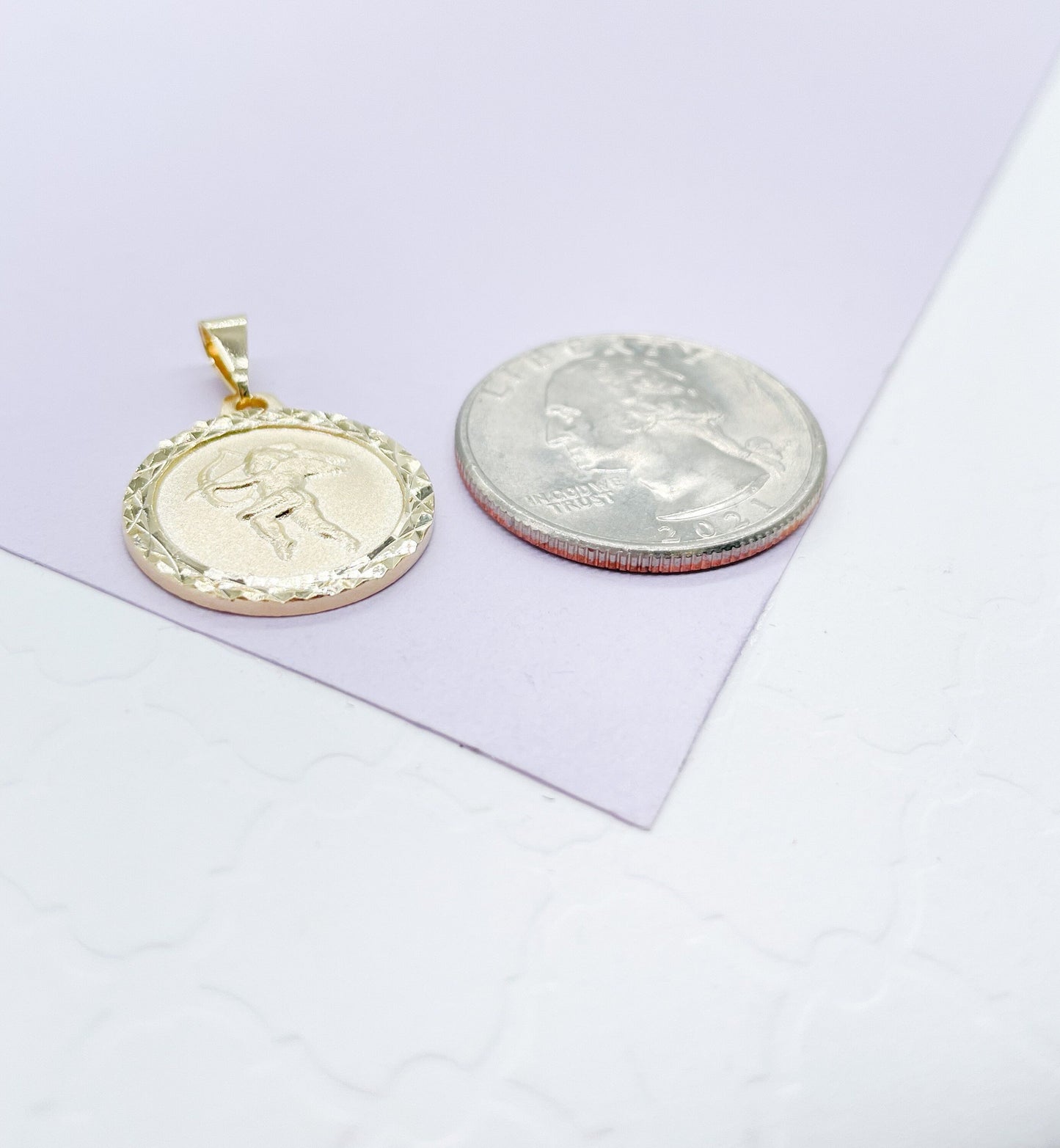 18k Gold Filled Medallion Charm Pendant With engraved Angel in Center