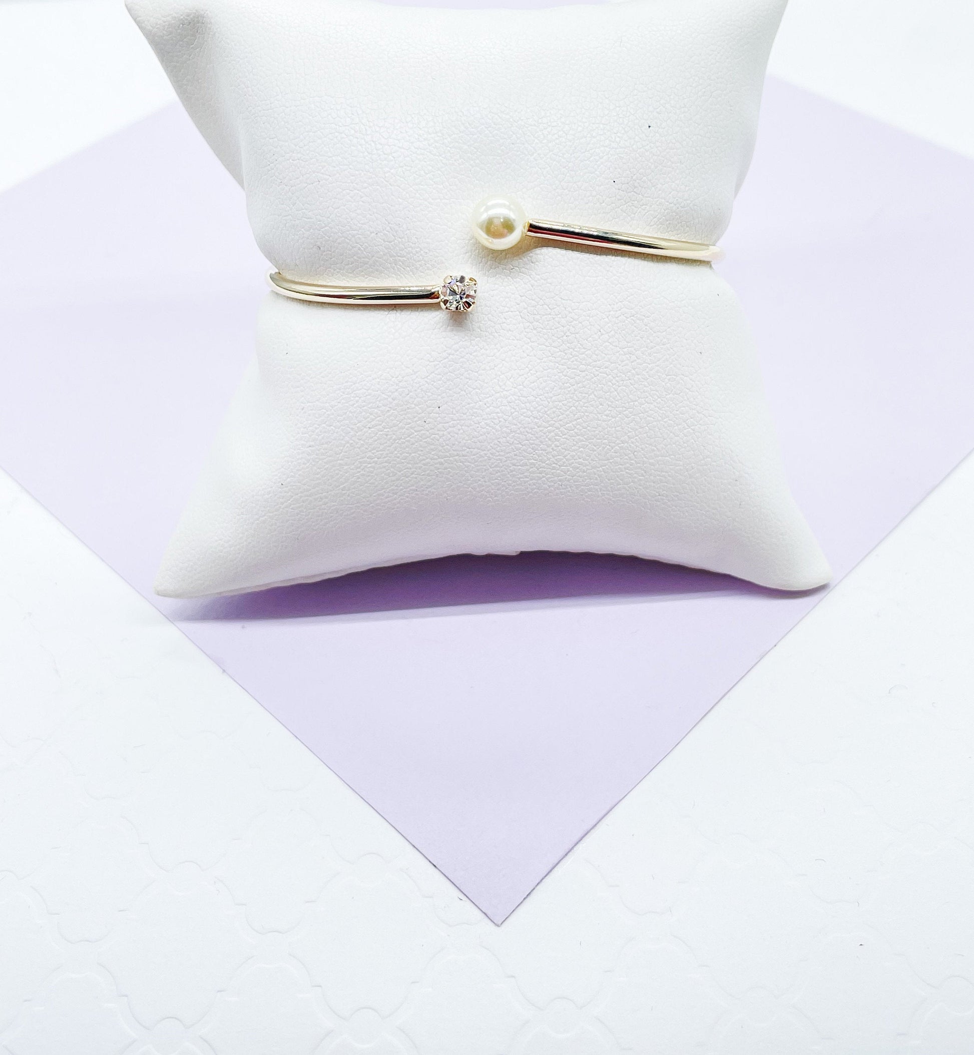 18k Gold Filled Dainty Cuff Bangle With Stone and Pearl Ends