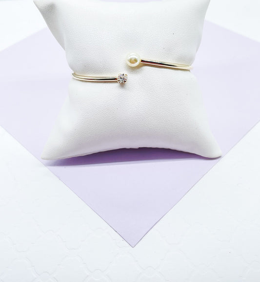 18k Gold Filled Dainty Cuff Bangle With Stone and Pearl Ends