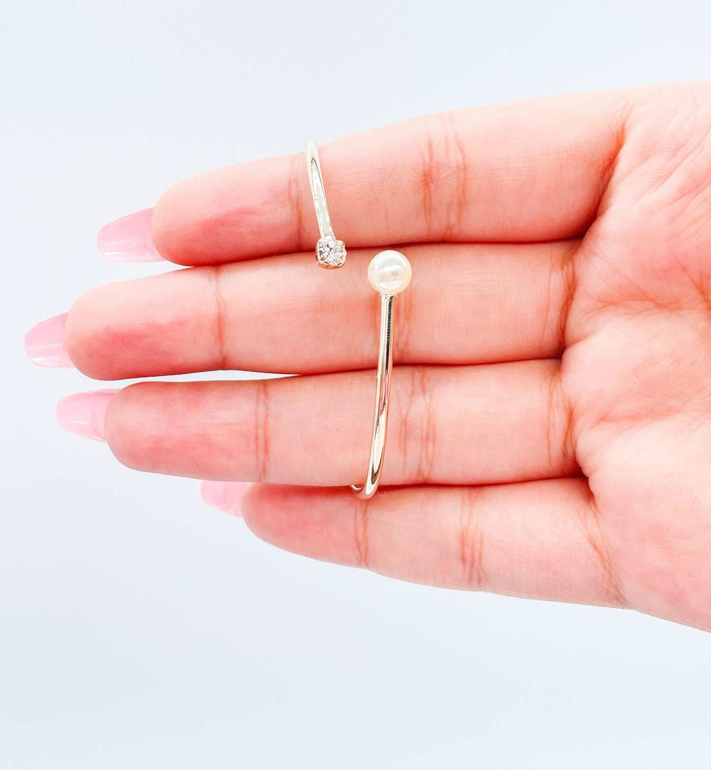 18k Gold Filled Dainty Cuff Bangle With Stone and Pearl Ends