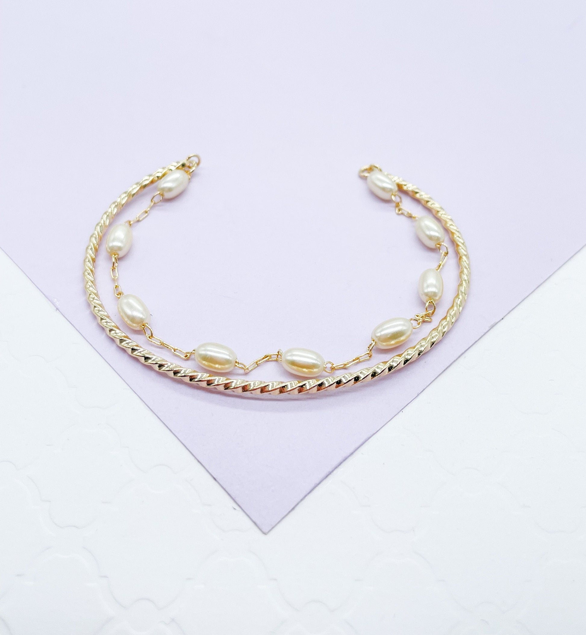 18k Gold Filled Double Bracelet with Cuff Bangle & Dainty pearl Satellite Bracelet