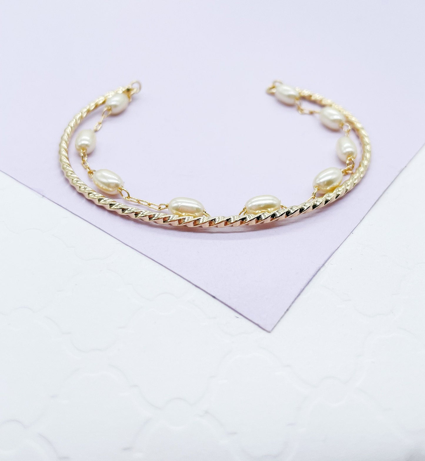 18k Gold Filled Double Bracelet with Cuff Bangle & Dainty pearl Satellite Bracelet