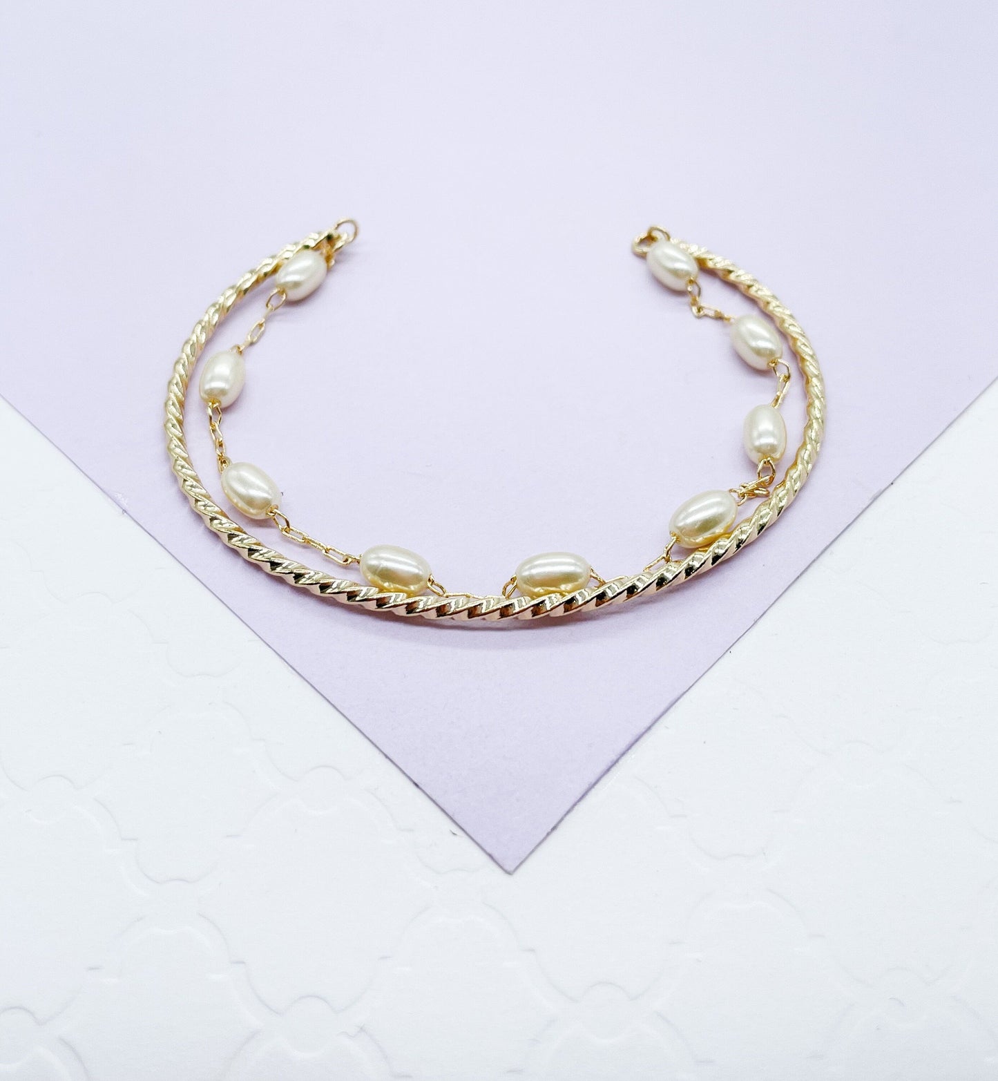 18k Gold Filled Double Bracelet with Cuff Bangle & Dainty pearl Satellite Bracelet
