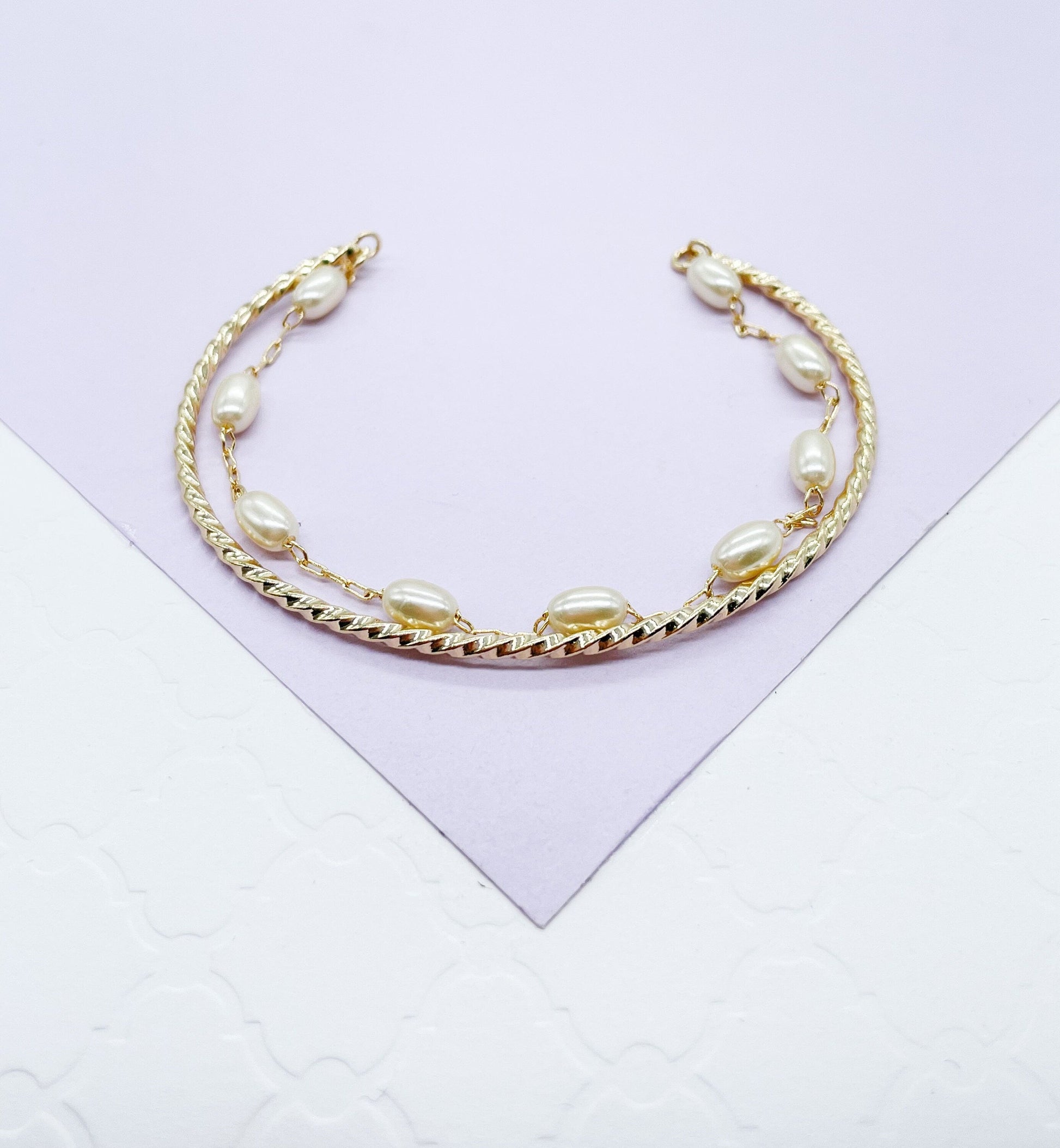 18k Gold Filled Double Bracelet with Cuff Bangle & Dainty pearl Satellite Bracelet