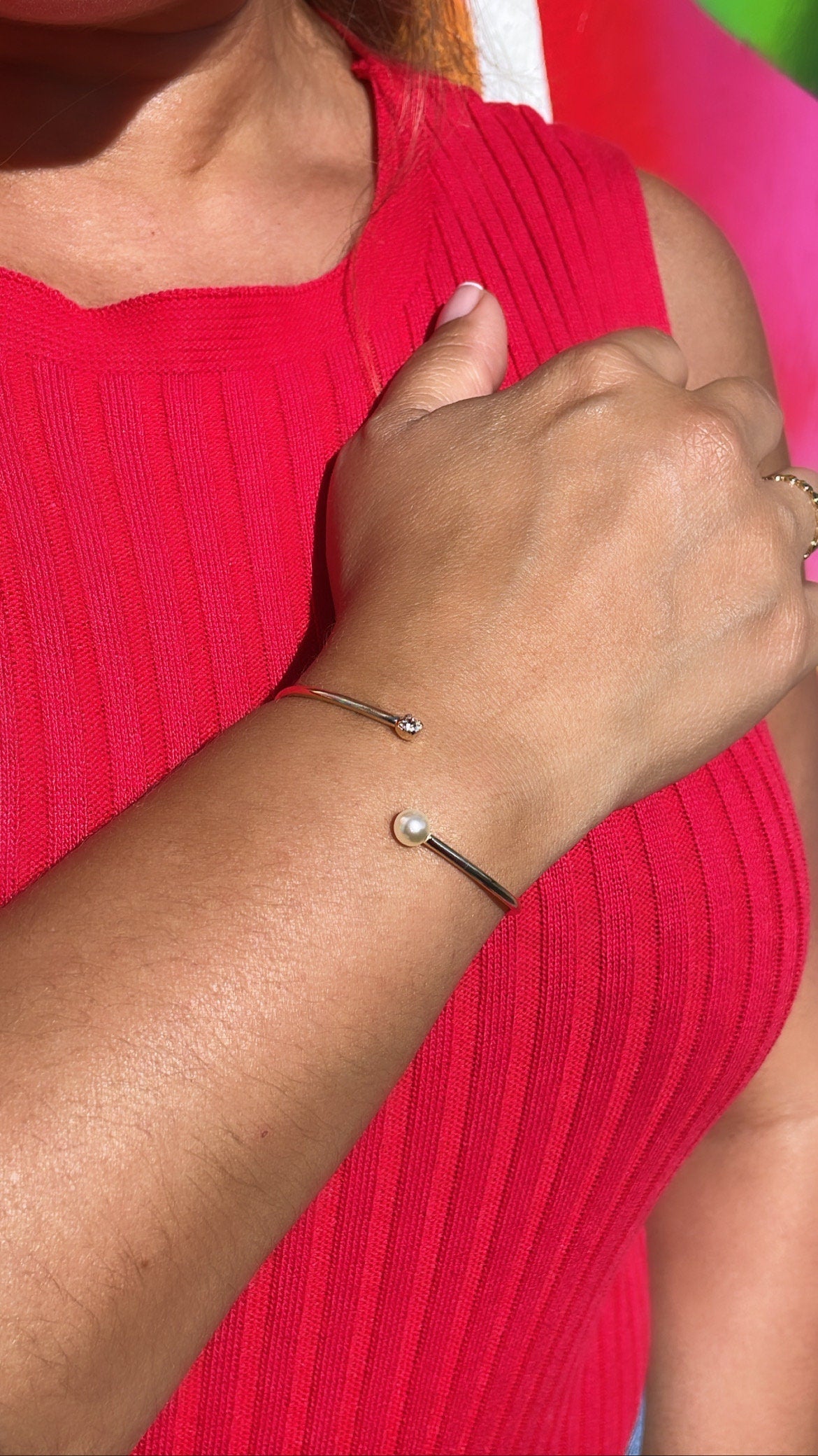 18k Gold Filled Dainty Cuff Bangle With Stone and Pearl Ends