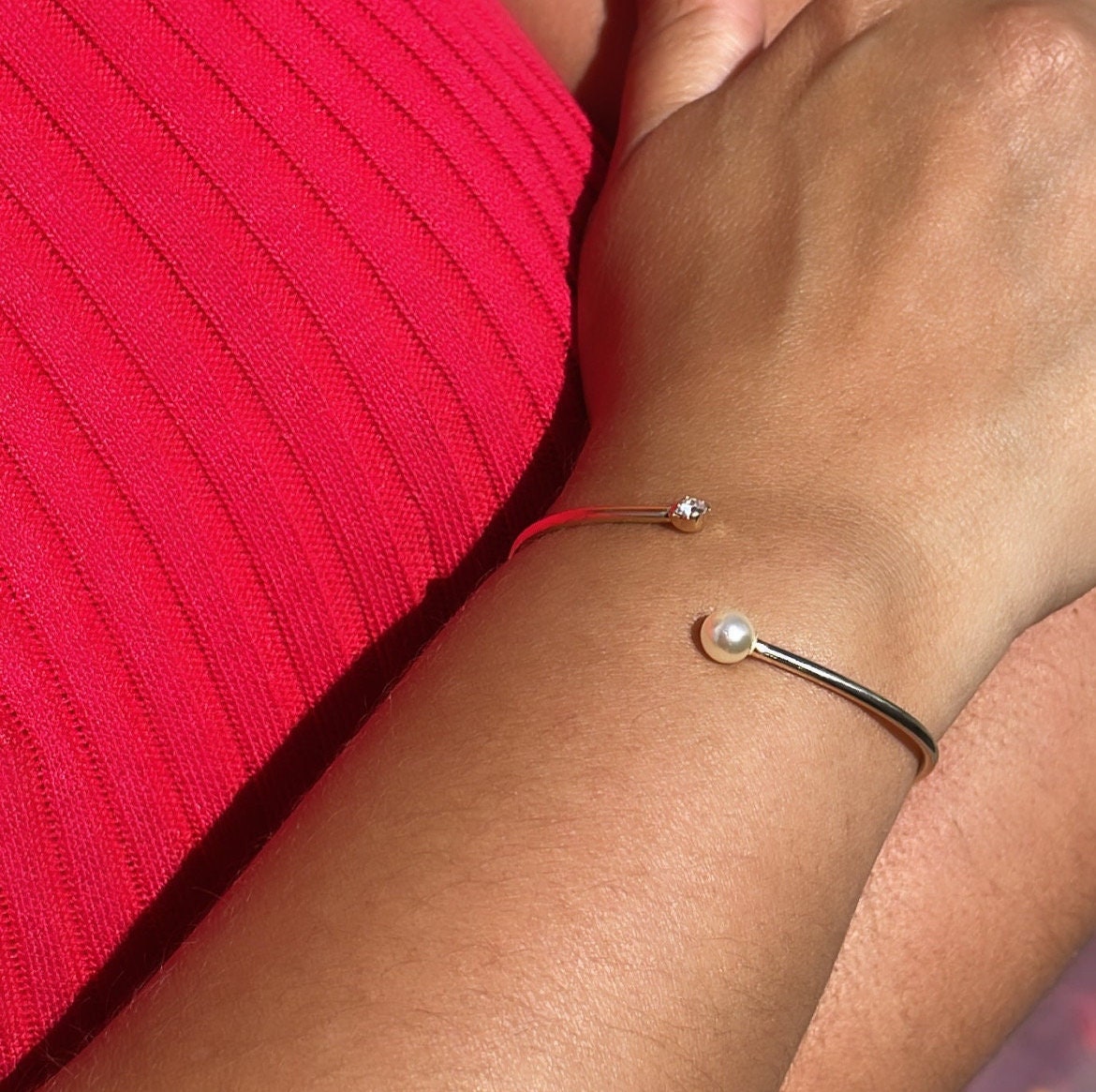 18k Gold Filled Dainty Cuff Bangle With Stone and Pearl Ends