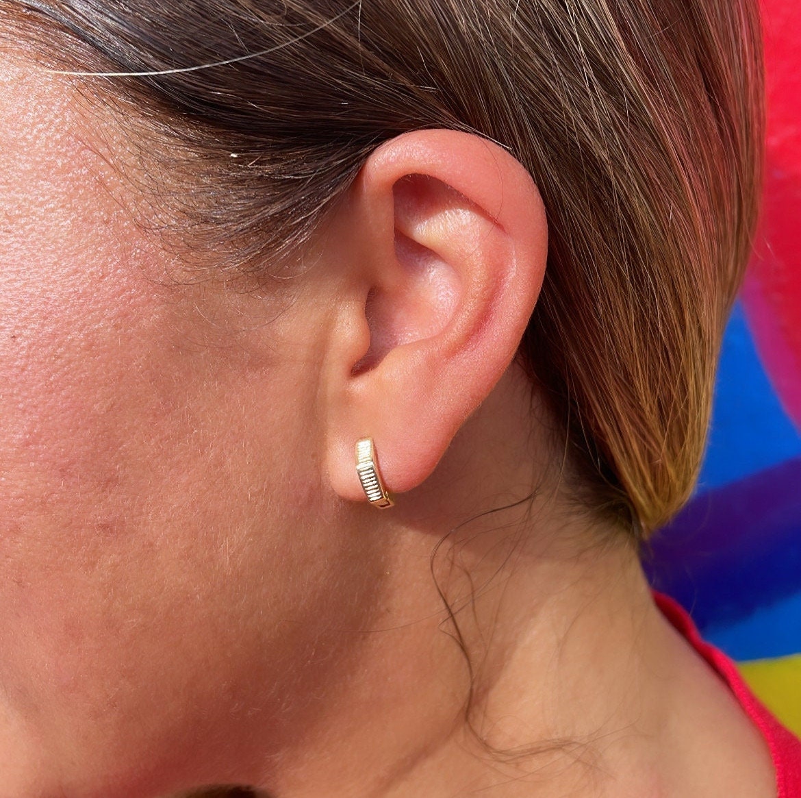 18k Gold Filled Smooth Hexagon Huggie Earring With Scored Lines