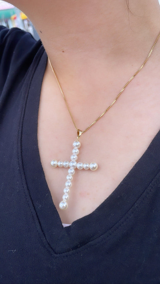 18k Gold Filled Faux all around Pearl Style Cross Pendant in two sizes