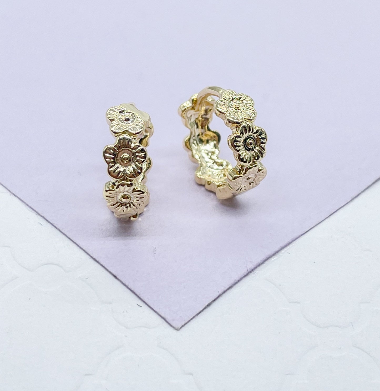 18k Gold Filled Flower Engraved Huggie Earrings