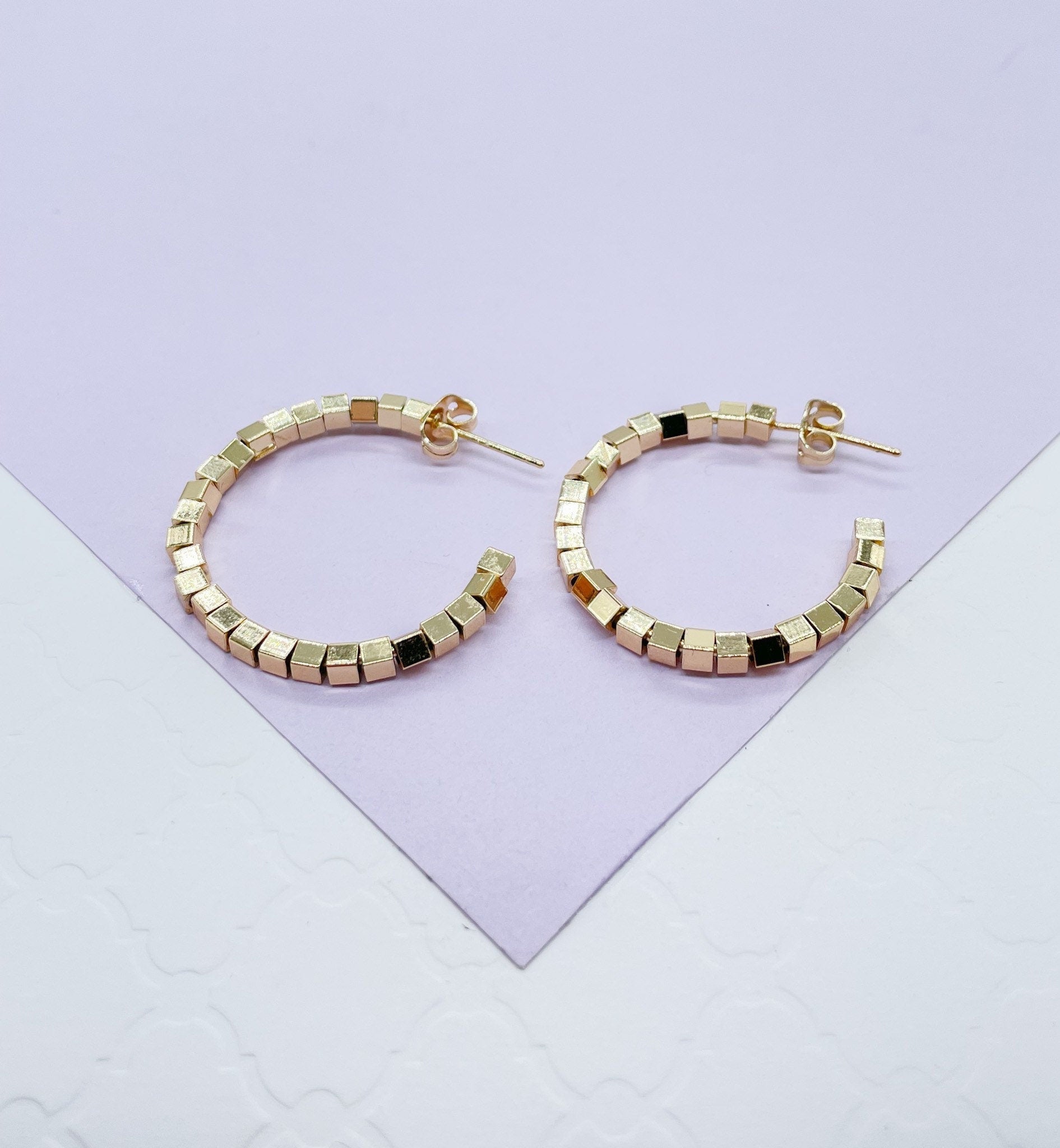 18k Gold Filled Open Hoop C-Shape Earring featuring flexible square cubes