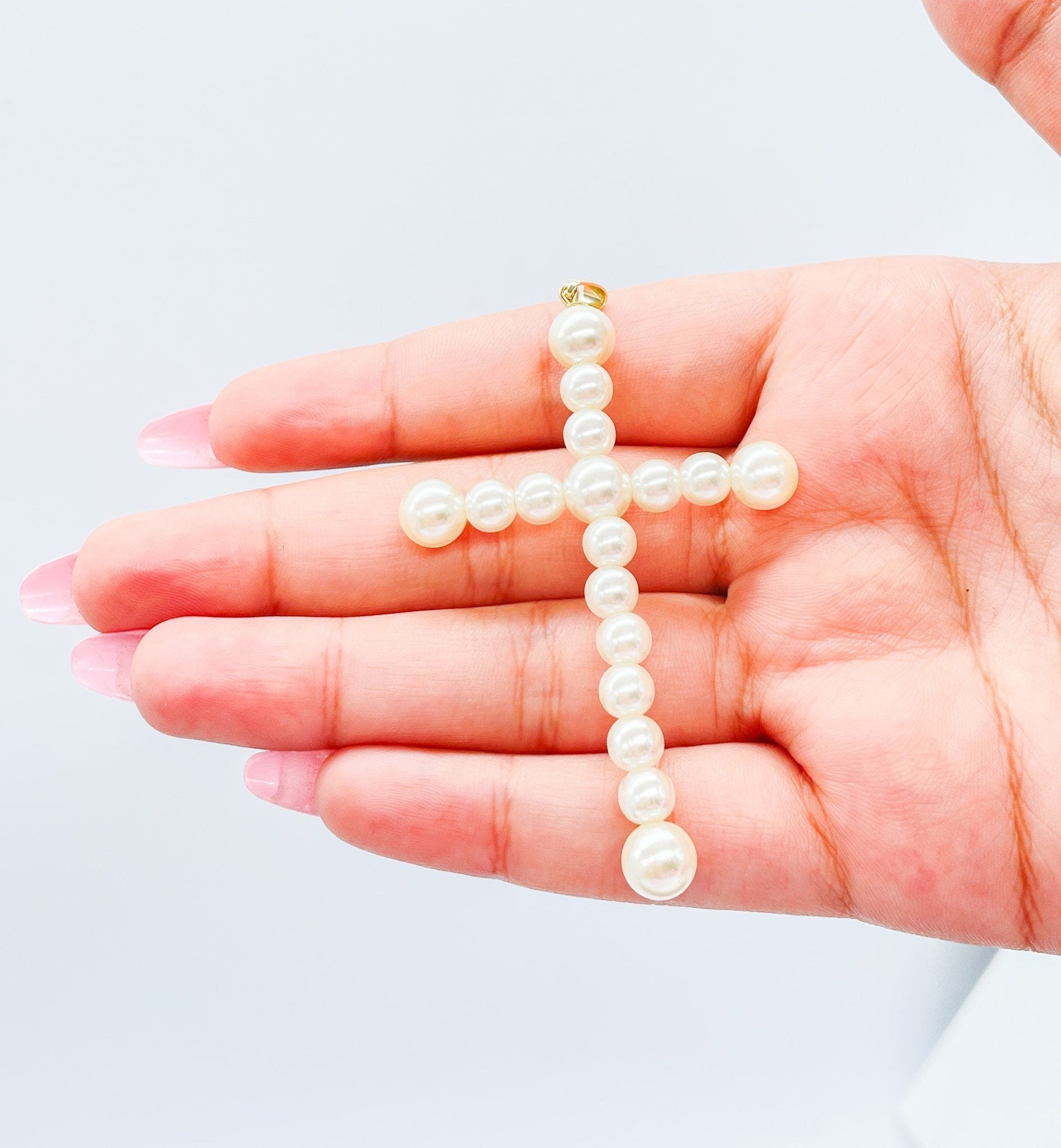 18k Gold Filled Faux all around Pearl Style Cross Pendant in two sizes