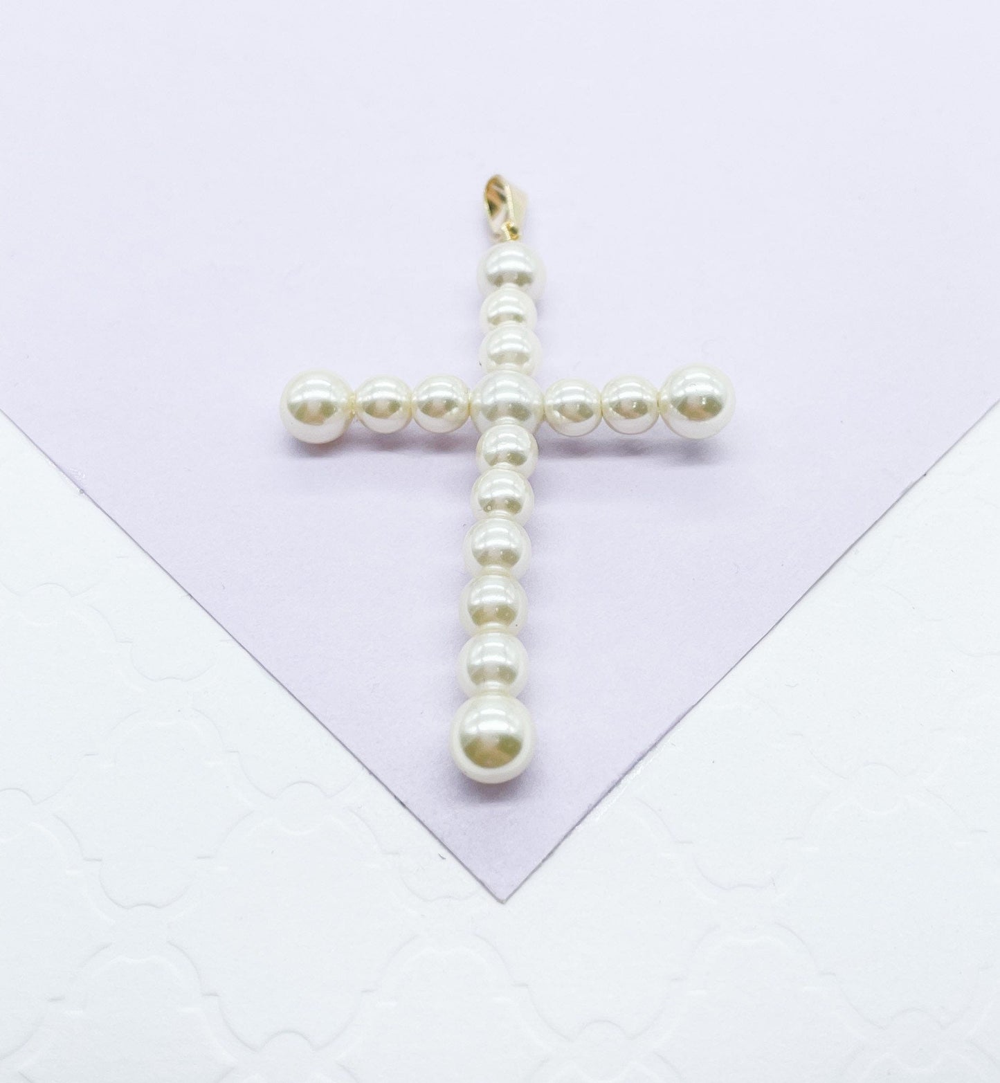 18k Gold Filled Faux all around Pearl Style Cross Pendant in two sizes