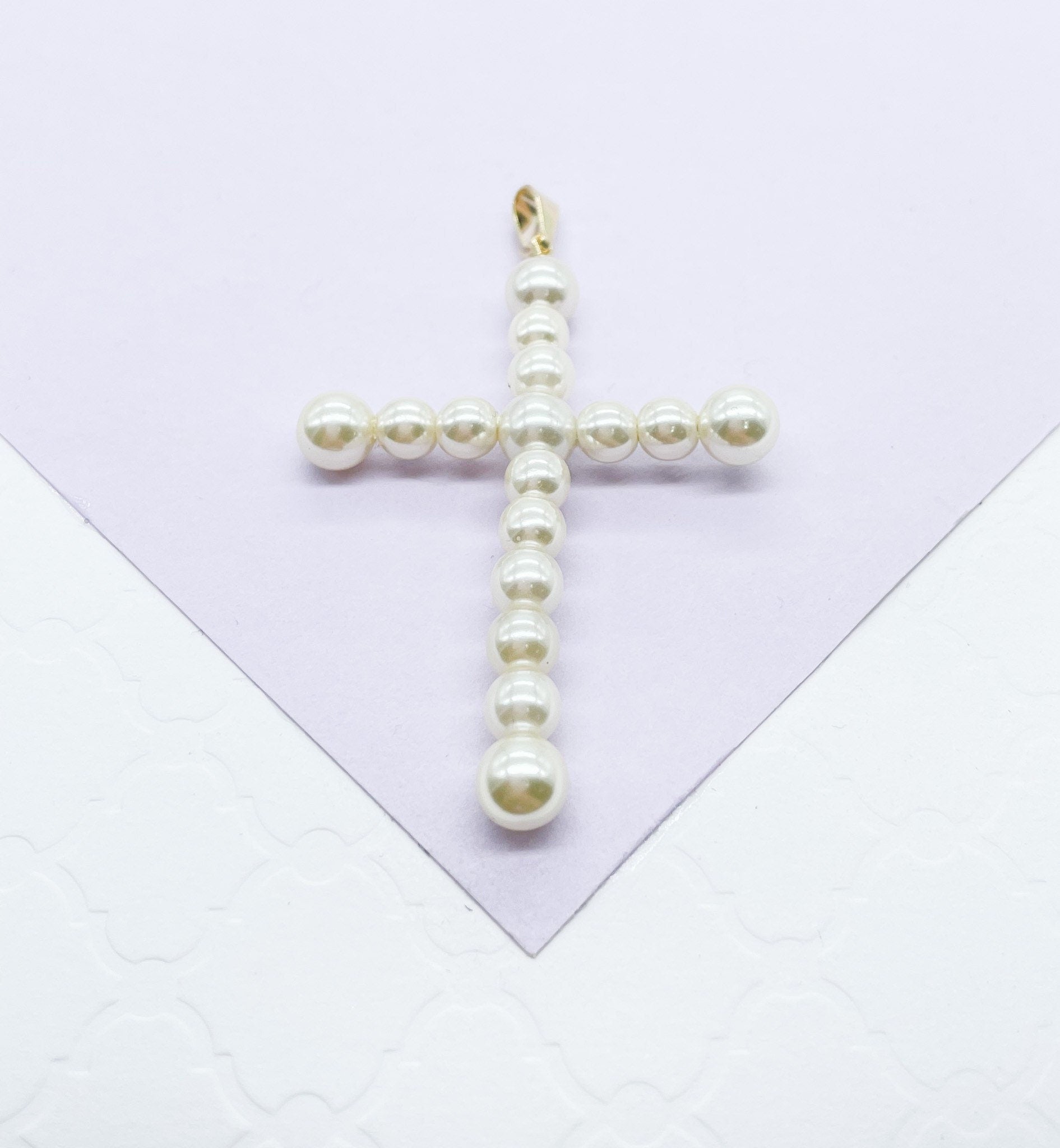 18k Gold Filled Faux all around Pearl Style Cross Pendant in two sizes