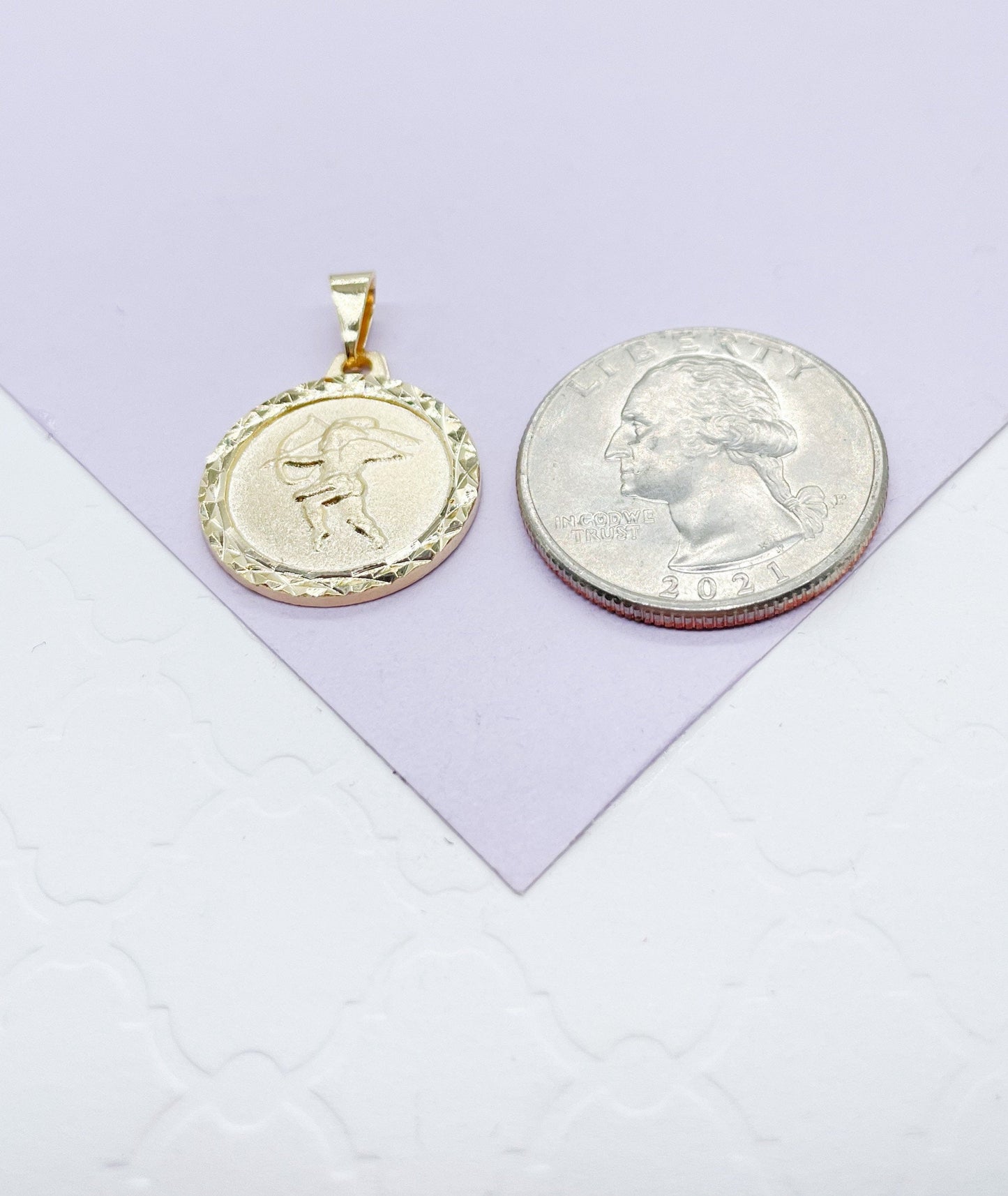 18k Gold Filled Medallion Charm Pendant With engraved Angel in Center